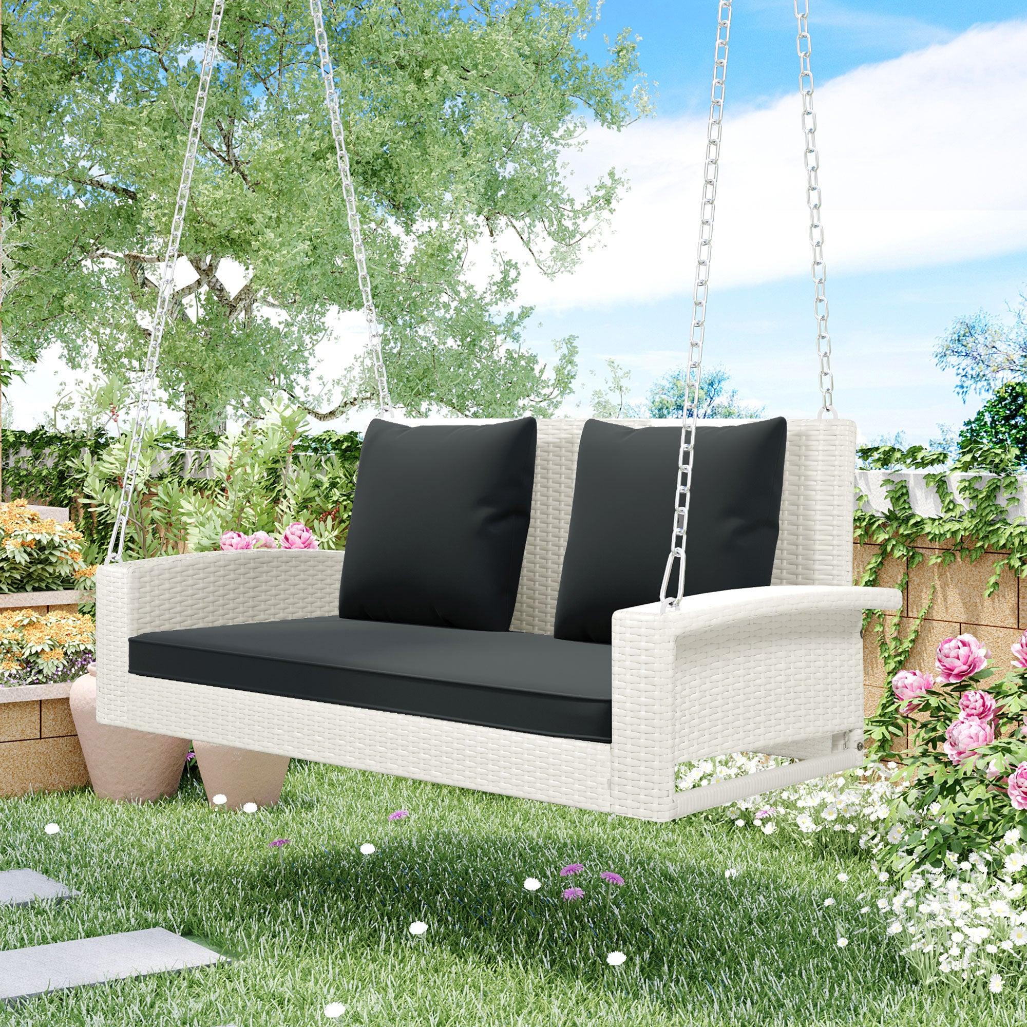 2-Person White Wicker Hanging Porch Swing with Chains, Black Cushions and Pillows