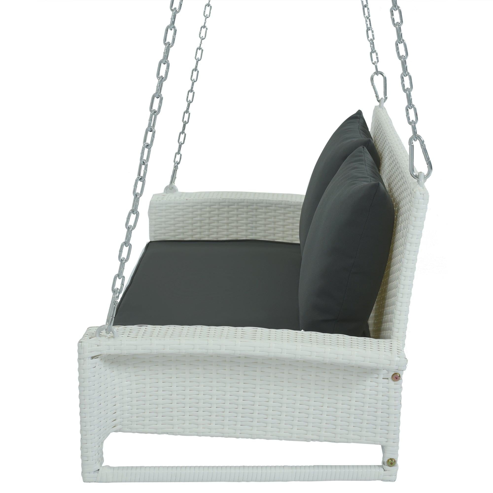 2-Person White Wicker Hanging Porch Swing with Chains, Black Cushions and Pillows