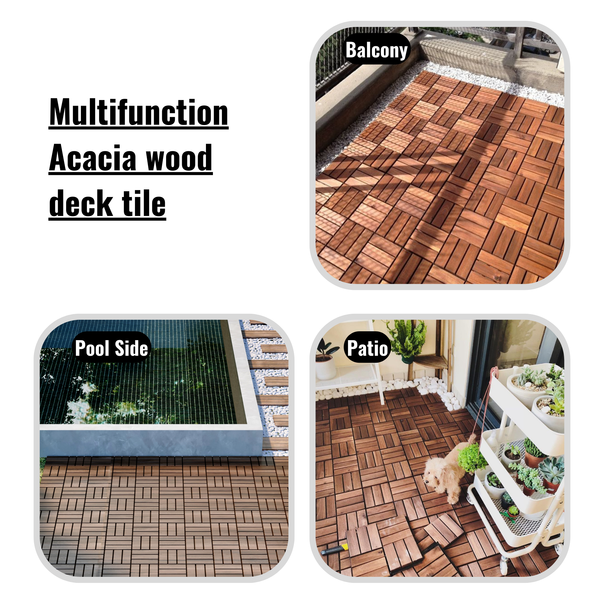 10 PCS Outdoor Square Brown Acacia Hardwood 12" x 12" Interlocking Deck Tiles Checker Pattern