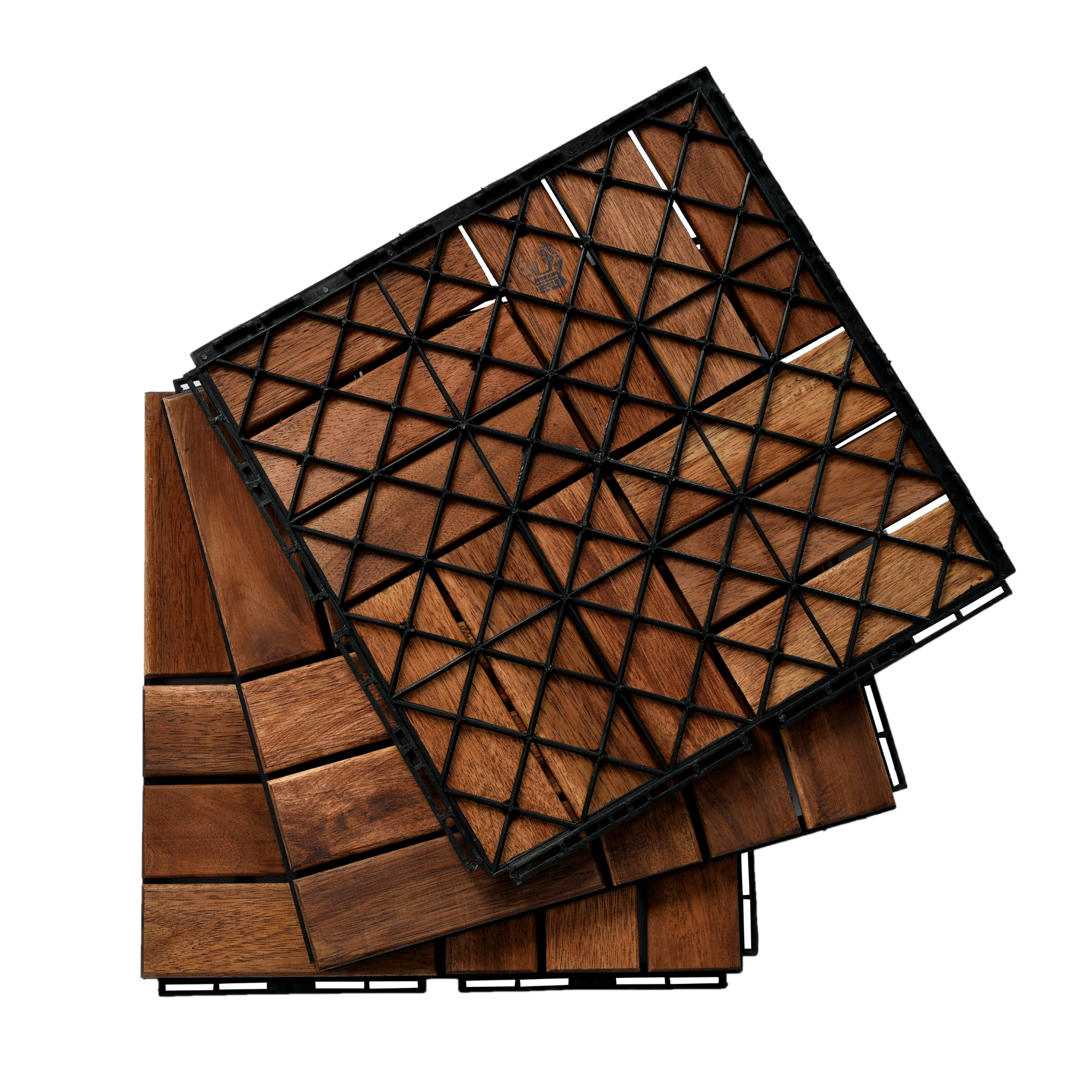 10 PCS Outdoor Square Brown Acacia Hardwood 12" x 12" Interlocking Deck Tiles Checker Pattern