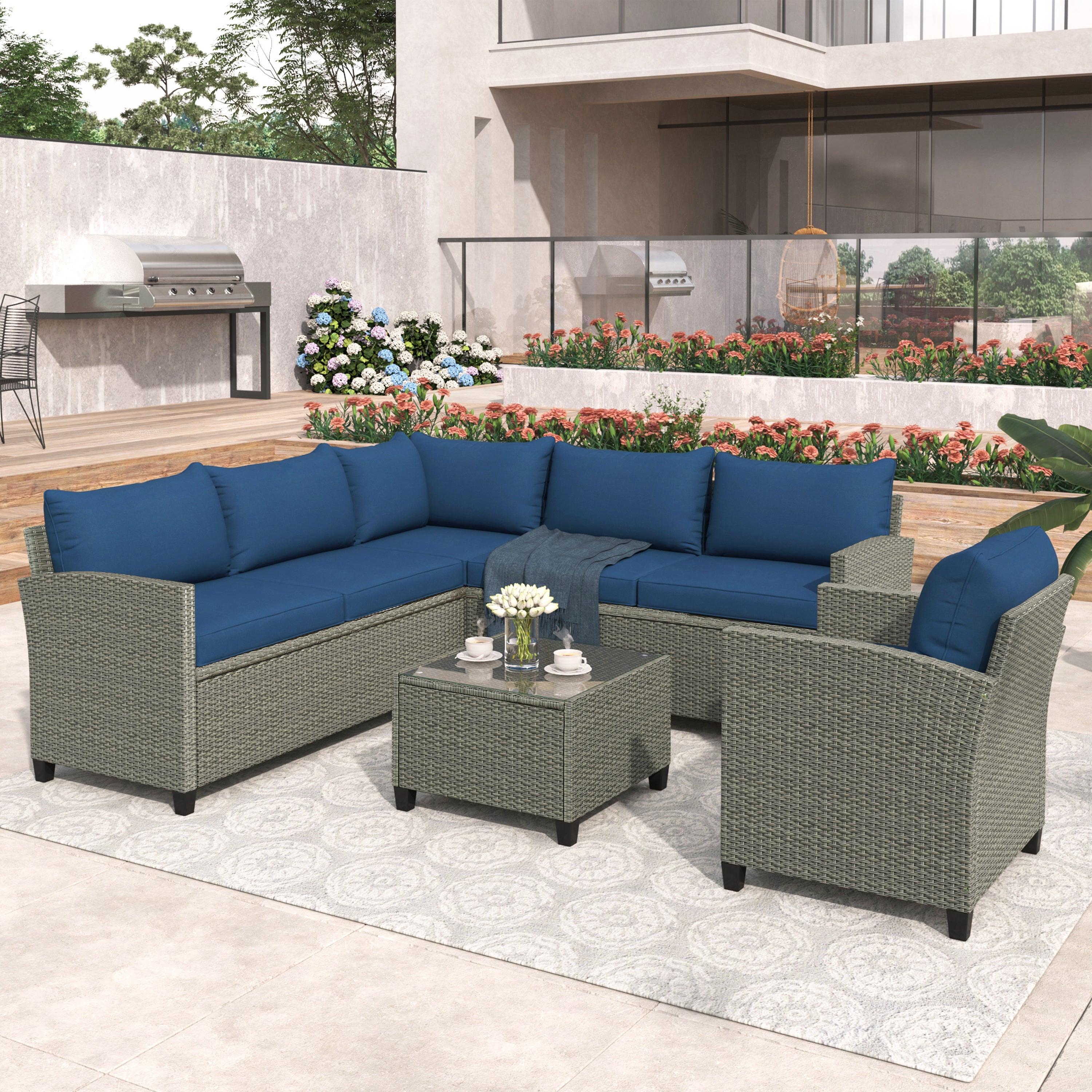 5 PCS Outdoor Patio Sectional Sofa Set with Coffee Table, Blue Cushions and Single Chair