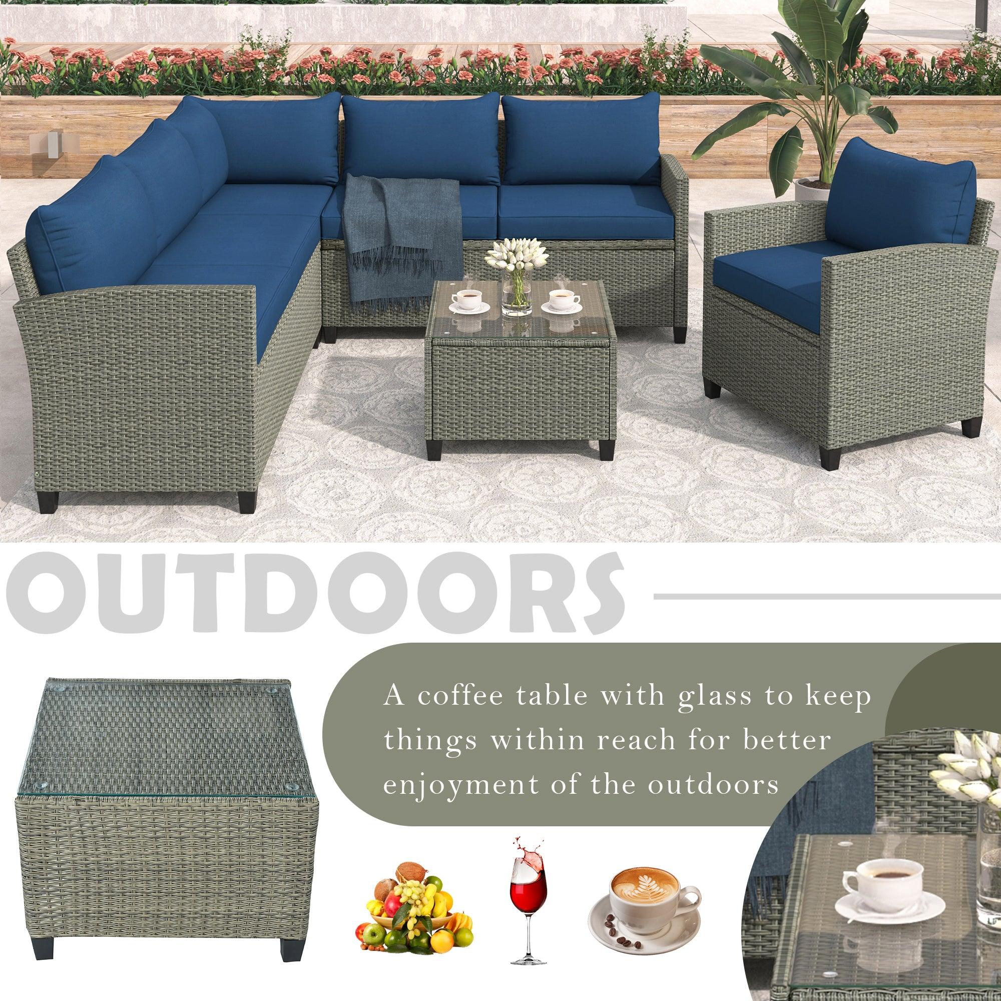 5 PCS Outdoor Patio Sectional Sofa Set with Coffee Table, Blue Cushions and Single Chair