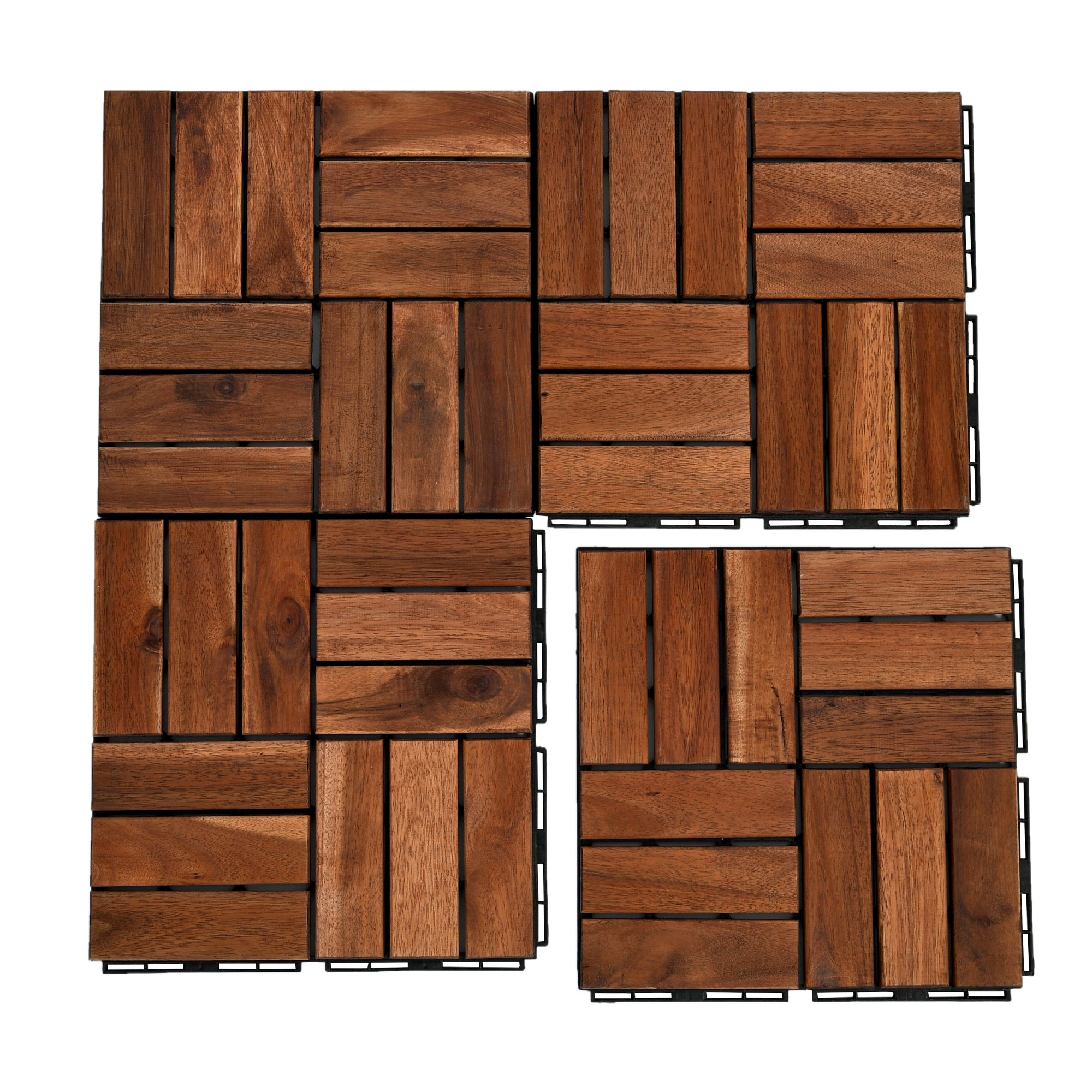 10 PCS Outdoor Square Brown Acacia Hardwood 12" x 12" Interlocking Deck Tiles Checker Pattern