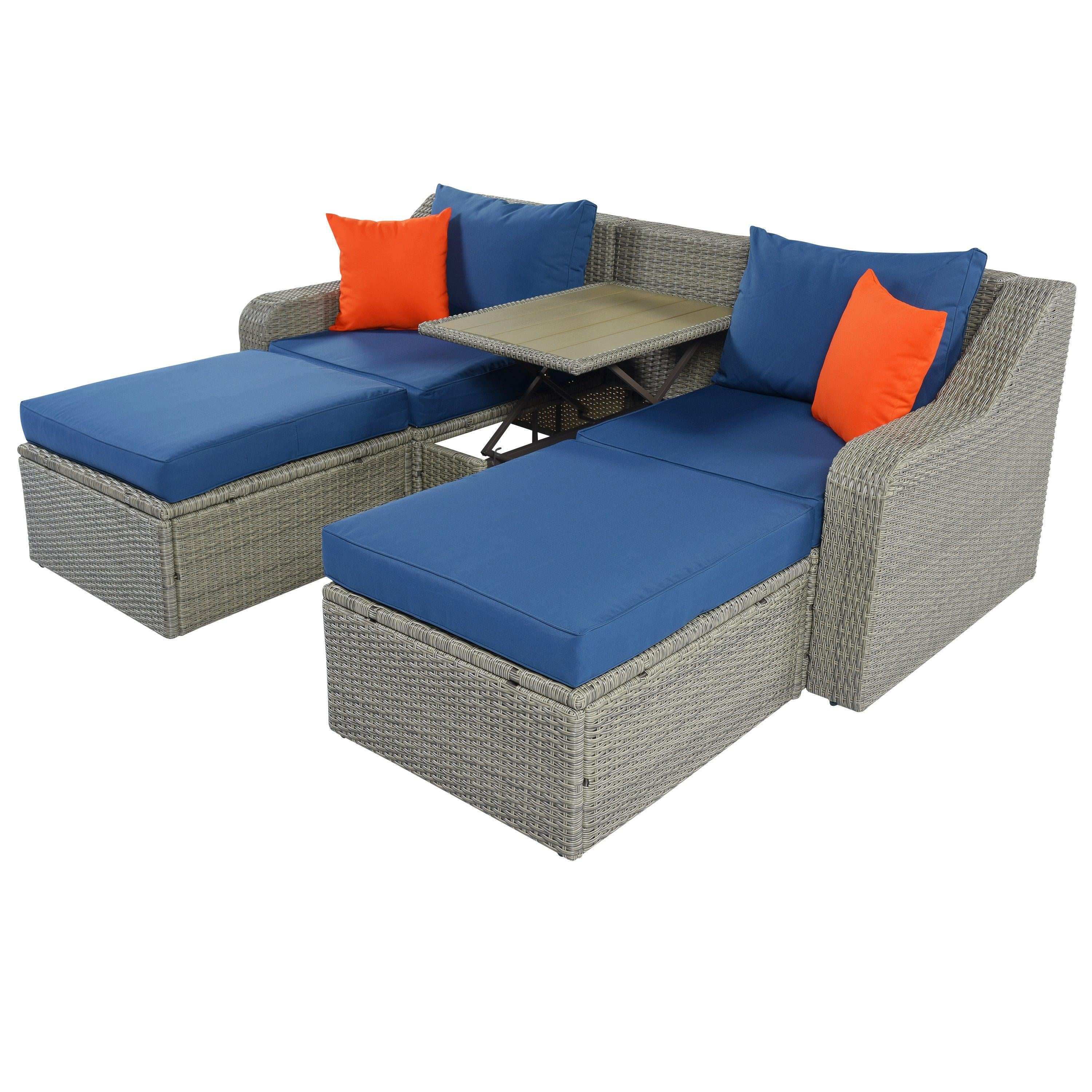 3PCS Outdoor Patio Rattan Wicker Sofa with Ottomansm Blue Cushions, and Lifted Top Coffee Table