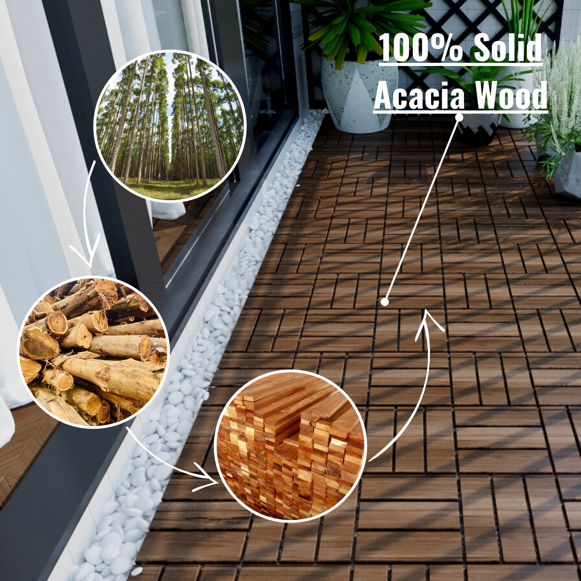 10 PCS Outdoor Square Brown Acacia Hardwood 12" x 12" Interlocking Deck Tiles Checker Pattern