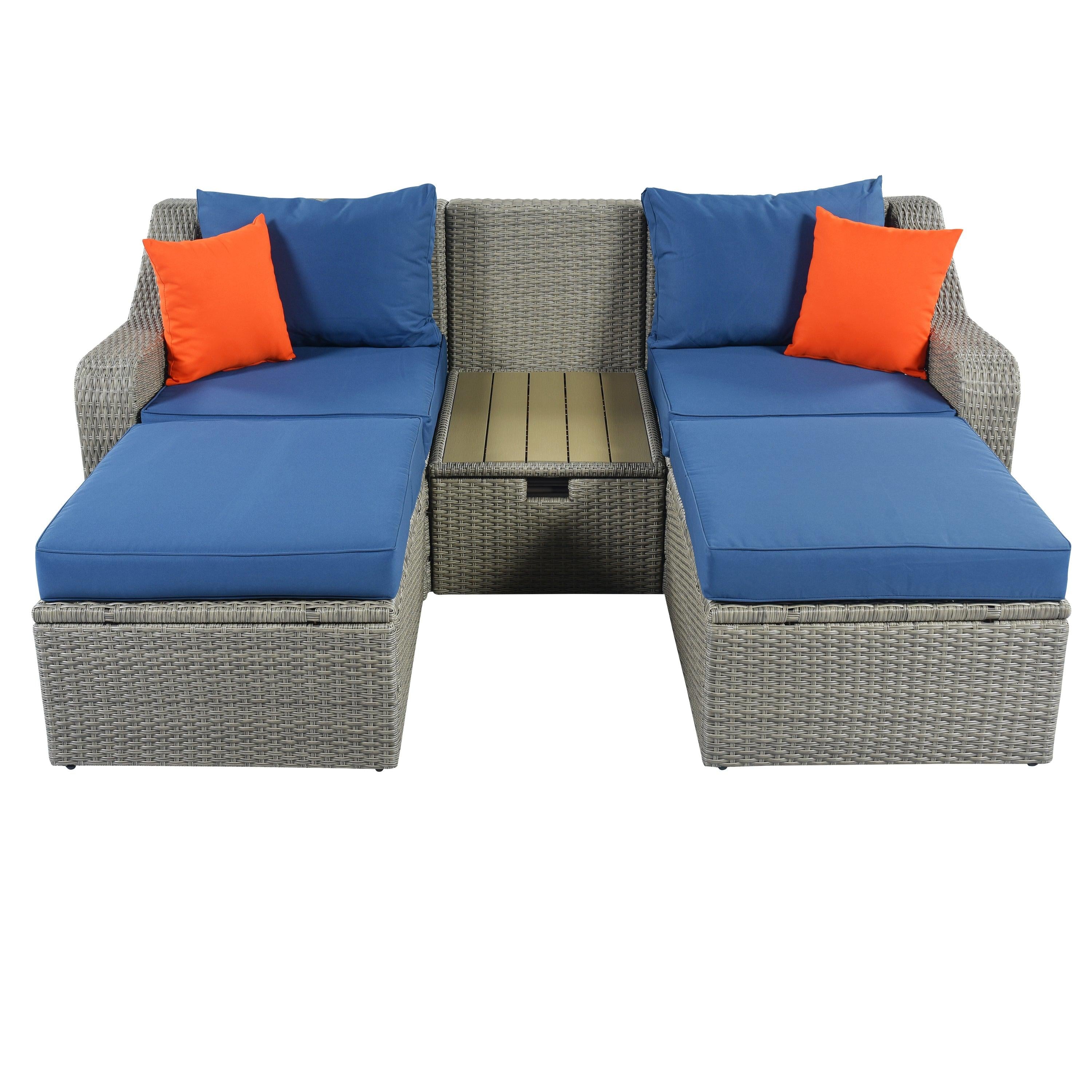 3PCS Outdoor Patio Rattan Wicker Sofa with Ottomansm Blue Cushions, and Lifted Top Coffee Table