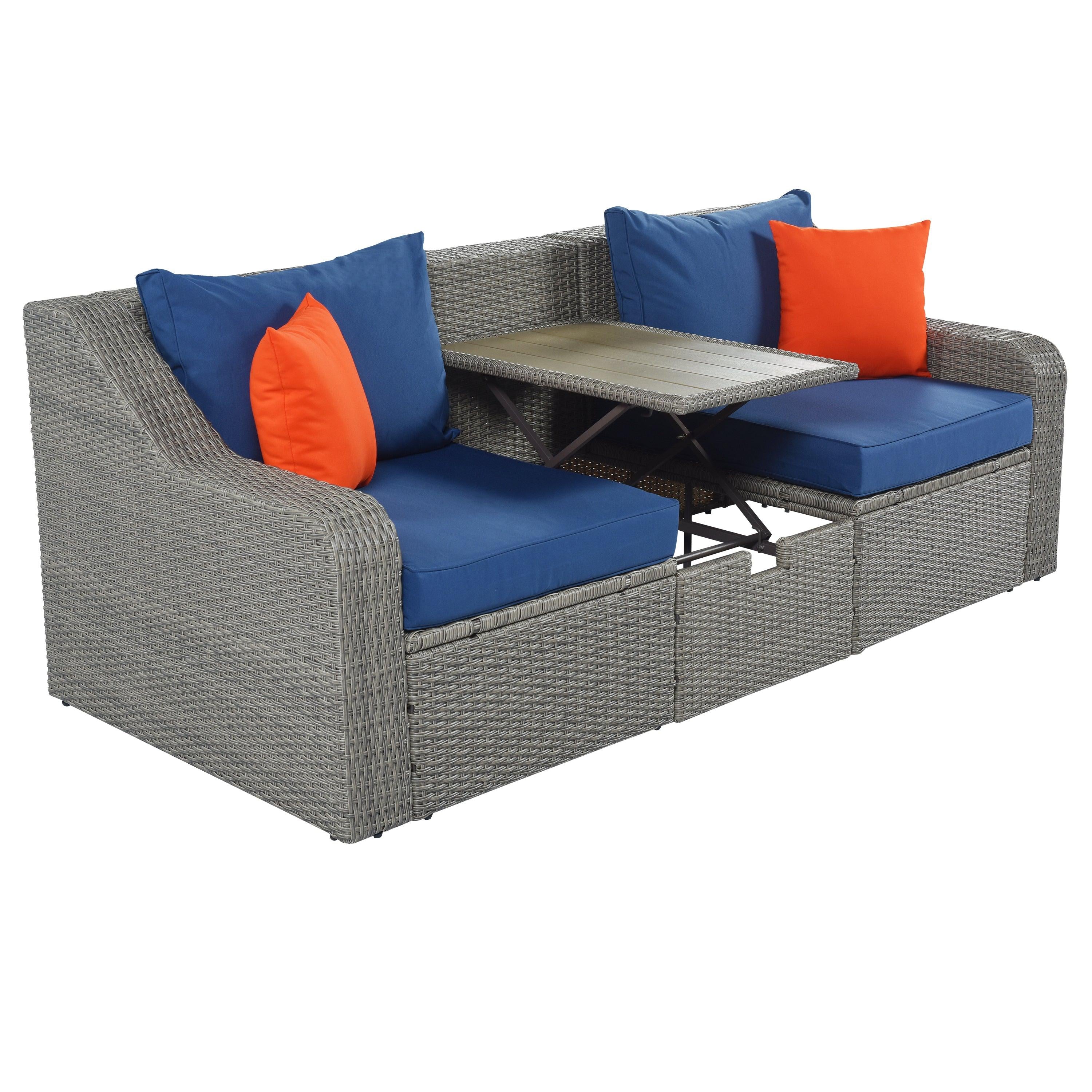 3PCS Outdoor Patio Rattan Wicker Sofa with Ottomansm Blue Cushions, and Lifted Top Coffee Table