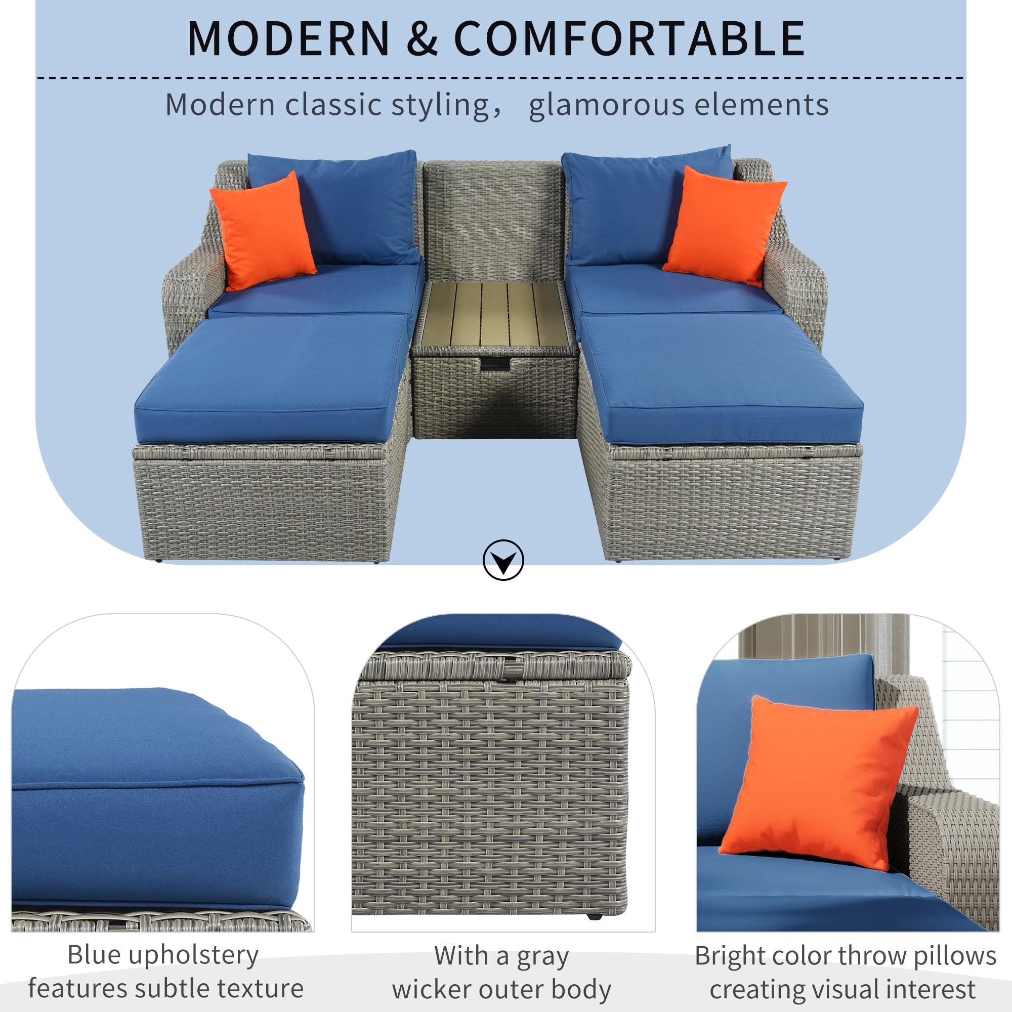 3PCS Outdoor Patio Rattan Wicker Sofa with Ottomansm Blue Cushions, and Lifted Top Coffee Table