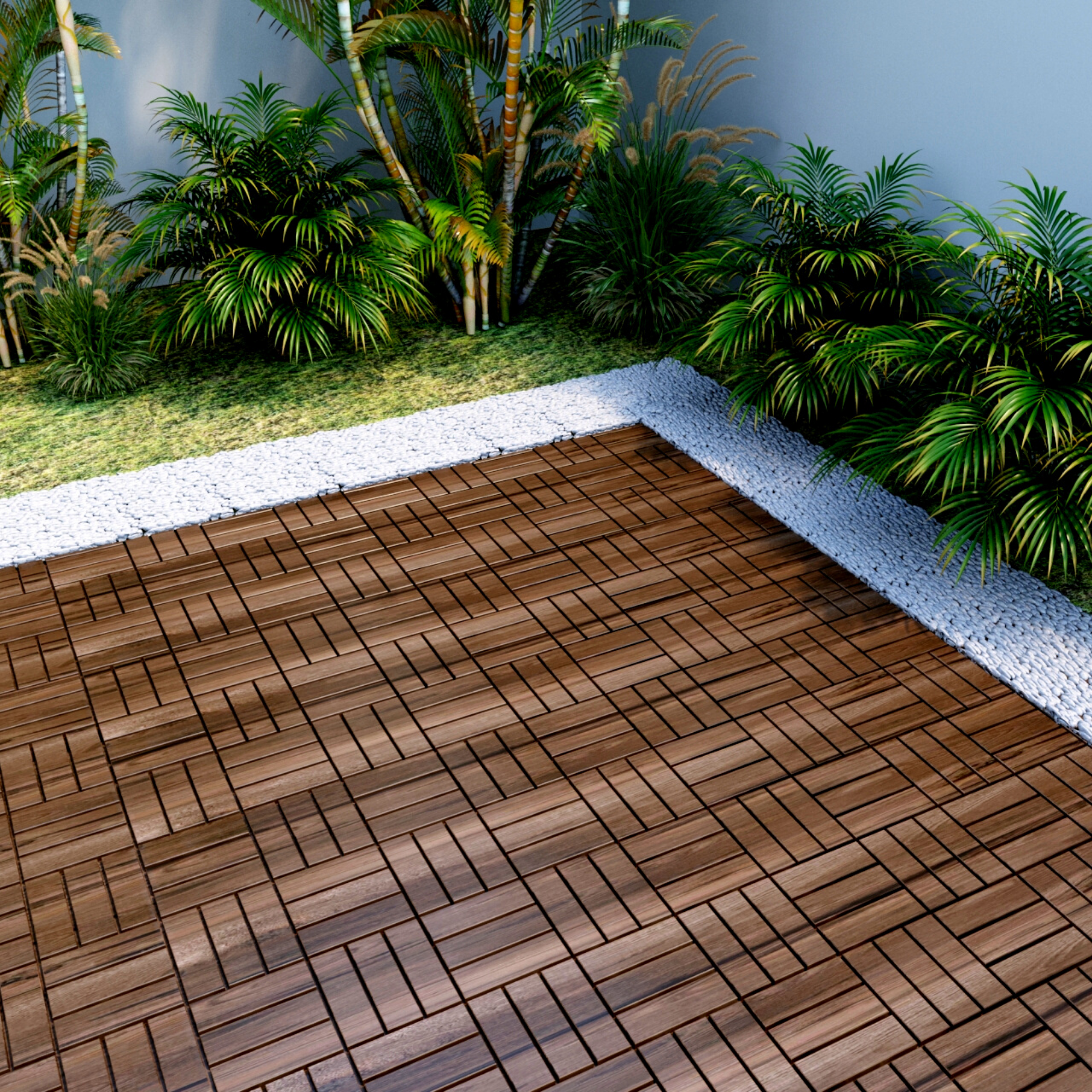 10 PCS Outdoor Square Brown Acacia Hardwood 12" x 12" Interlocking Deck Tiles Checker Pattern