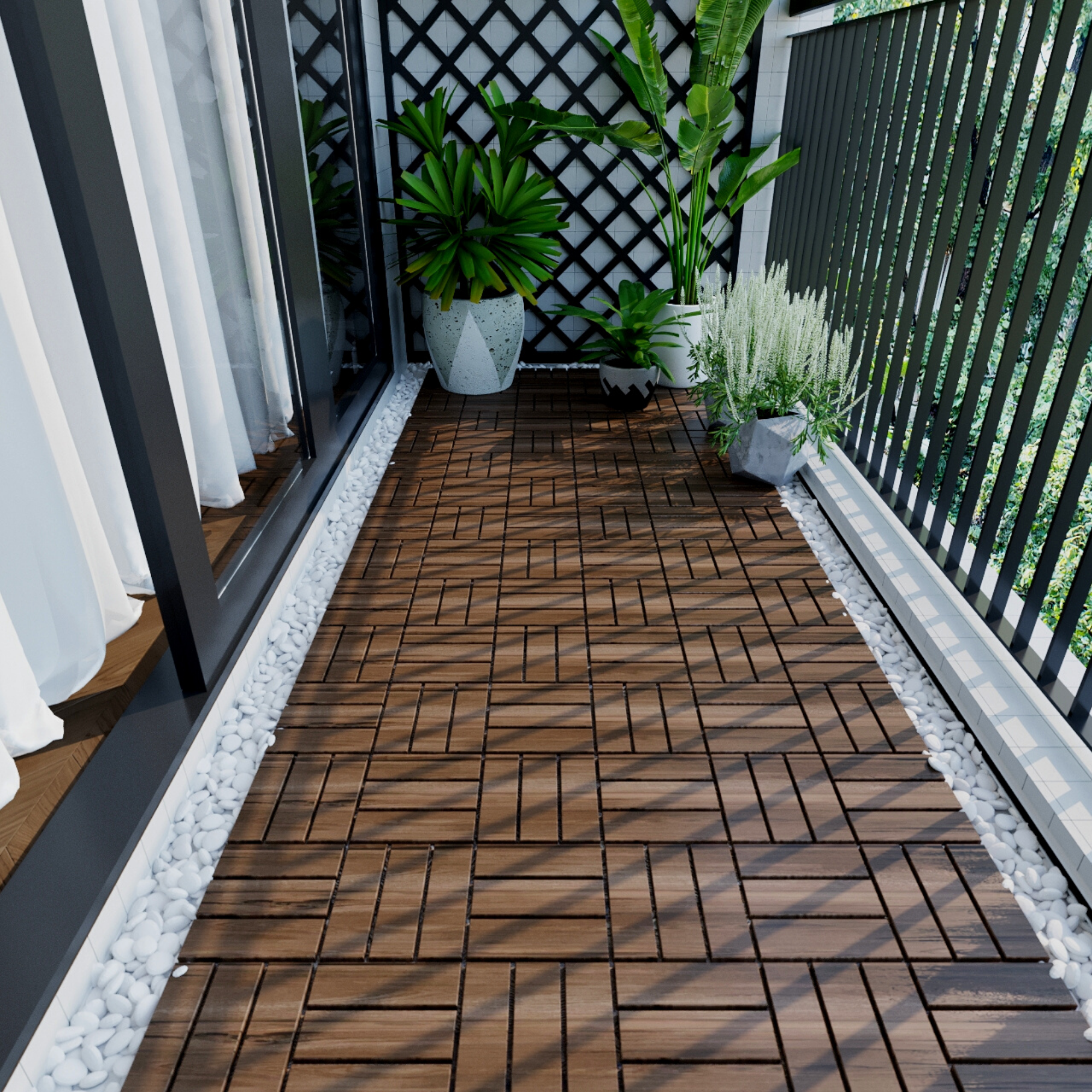 10 PCS Outdoor Square Brown Acacia Hardwood 12" x 12" Interlocking Deck Tiles Checker Pattern