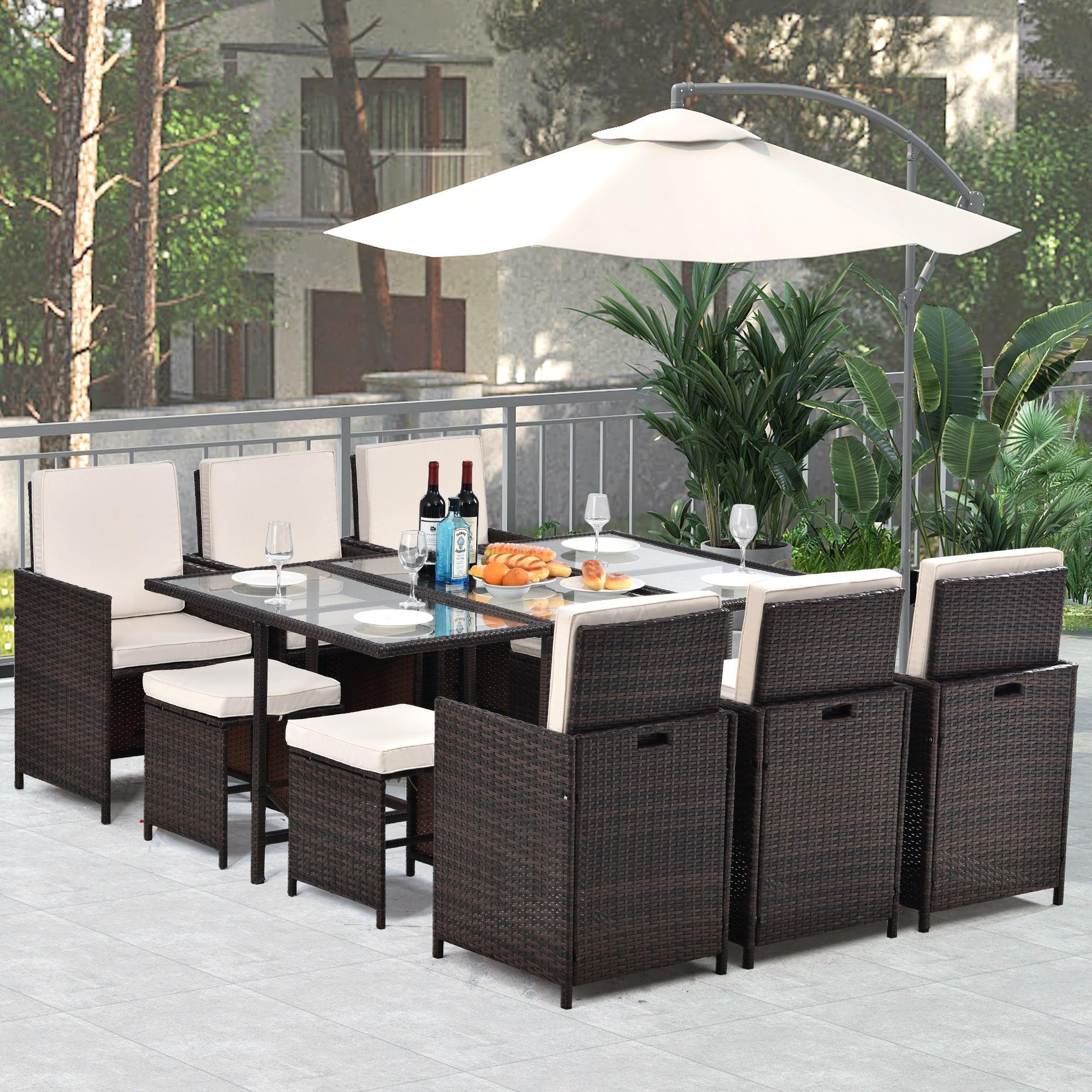 11 PCS Outdoor Garden Patio Rattan Wicker Dining Set with Beige Cushions