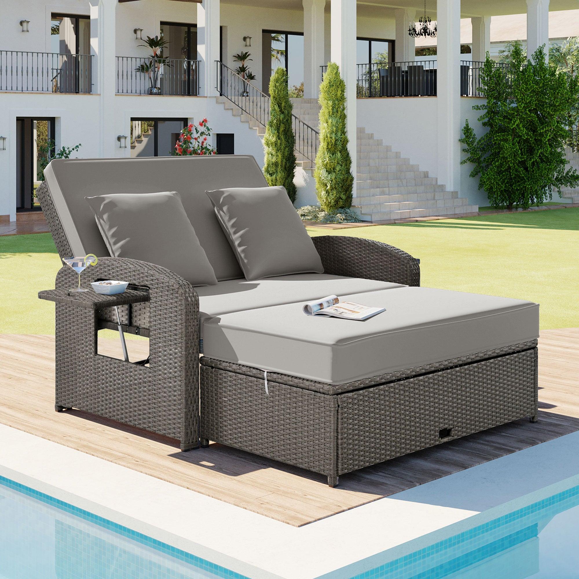 2-Person PE Wicker Rattan Double Chaise Lounge Reclining Daybed with Adjustable Back and Gray Cushions image