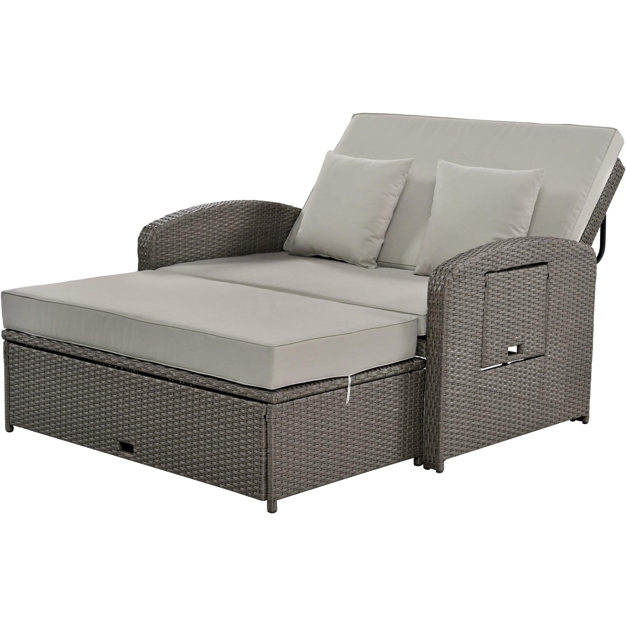 2-Person PE Wicker Rattan Double Chaise Lounge Reclining Daybed with Adjustable Back and Gray Cushions