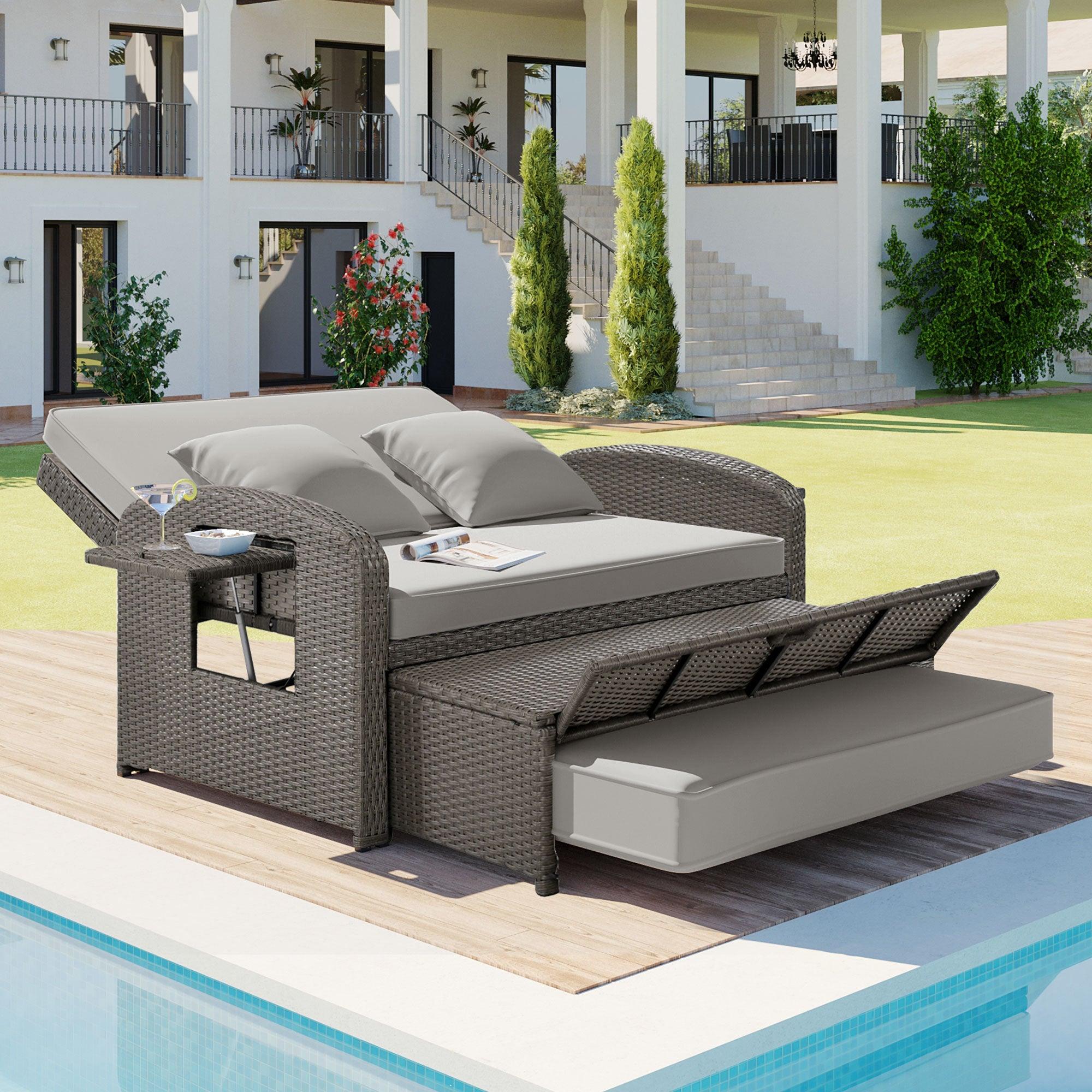 2-Person PE Wicker Rattan Double Chaise Lounge Reclining Daybed with Adjustable Back and Gray Cushions