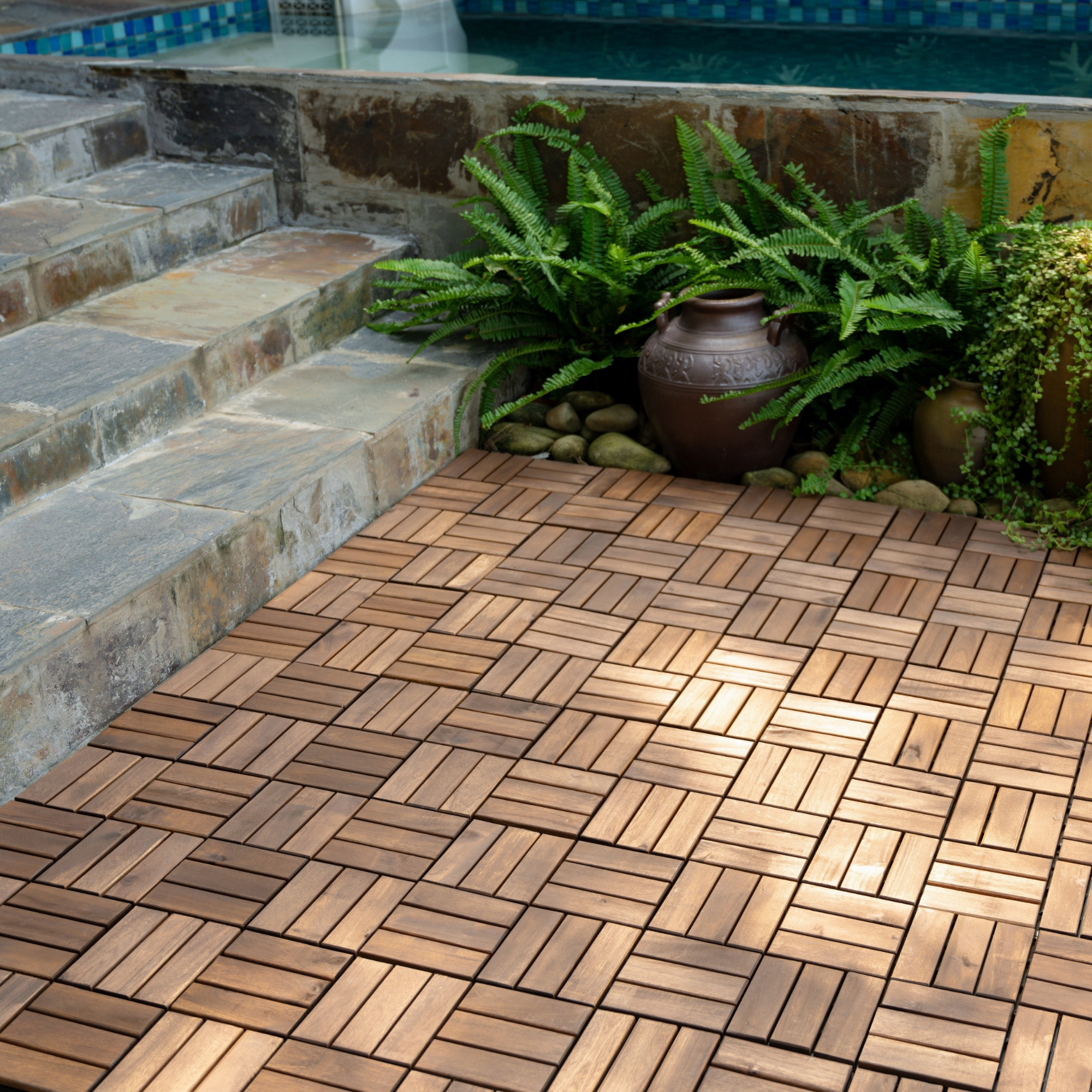 10 PCS Outdoor Square Brown Acacia Hardwood 12" x 12" Interlocking Deck Tiles Checker Pattern