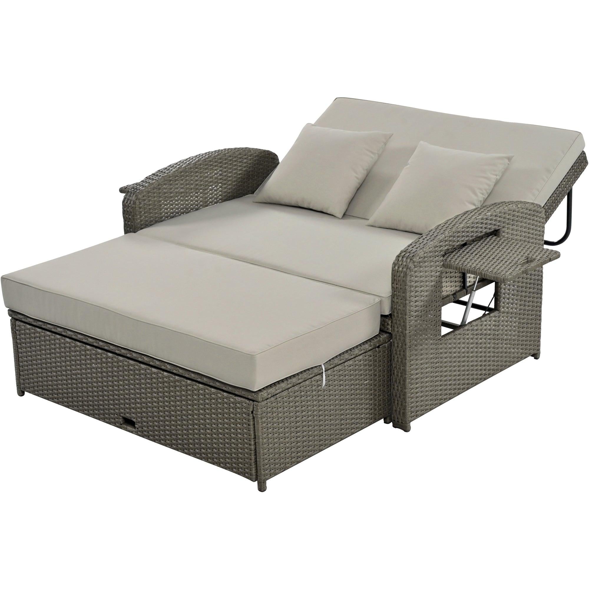 2-Person PE Wicker Rattan Double Chaise Lounge Reclining Daybed with Adjustable Back and Gray Cushions