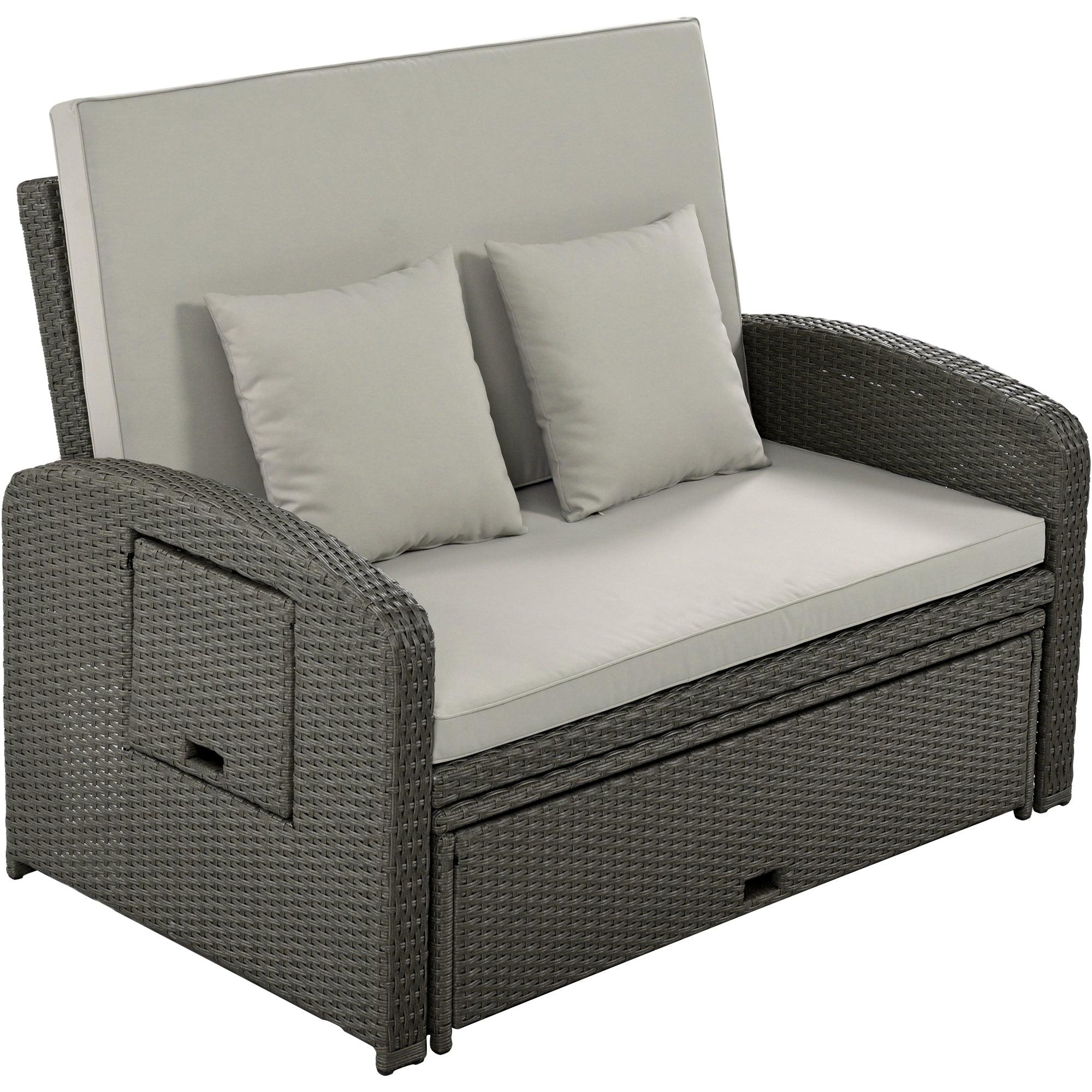 2-Person PE Wicker Rattan Double Chaise Lounge Reclining Daybed with Adjustable Back and Gray Cushions