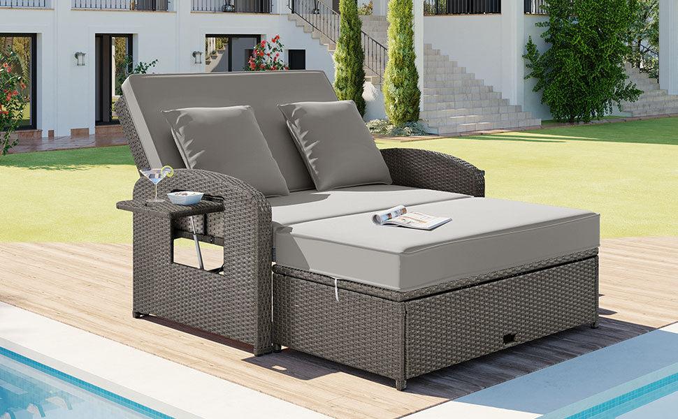 2-Person PE Wicker Rattan Double Chaise Lounge Reclining Daybed with Adjustable Back and Gray Cushions