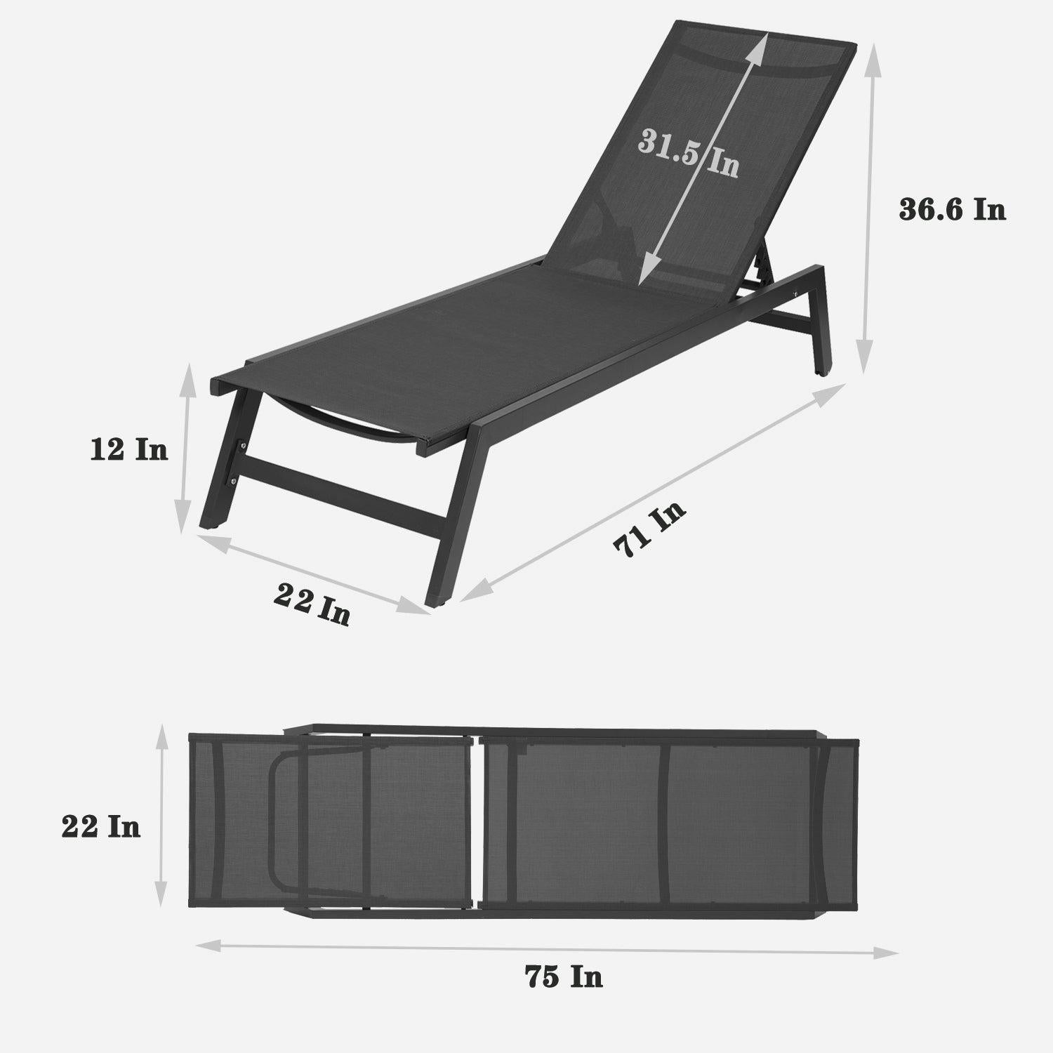 2 PCS Outdoor Chaise Lounge Adjustable Aluminum Recliner Chair - Black