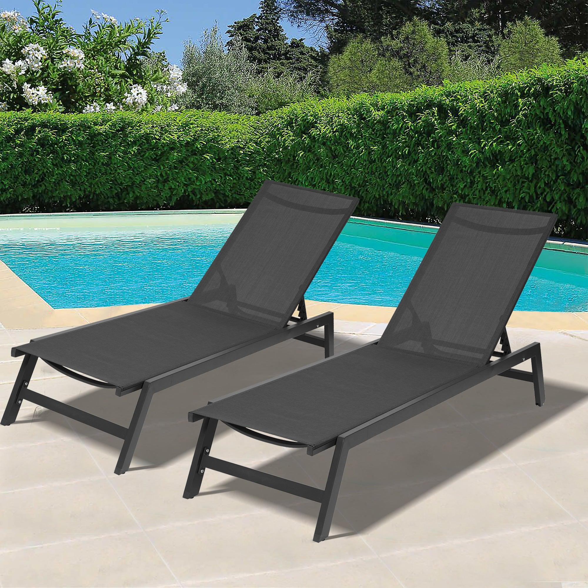 2 PCS Outdoor Chaise Lounge Adjustable Aluminum Recliner Chair - Black