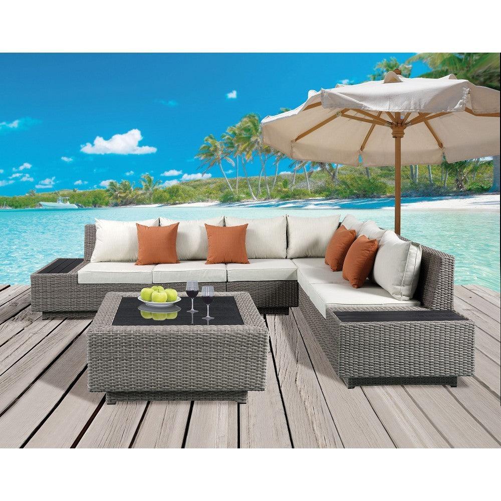 ACME Salena Patio Sectional with Cocktail Table in Beige Fabric and Gray Wicker image