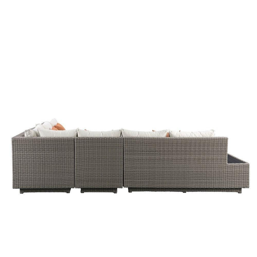 ACME Salena Patio Sectional with Cocktail Table in Beige Fabric and Gray Wicker