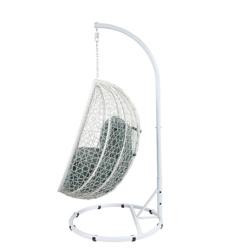 ACME Simona Patio Swing Chair with Stand in Green Fabric and White Wicker