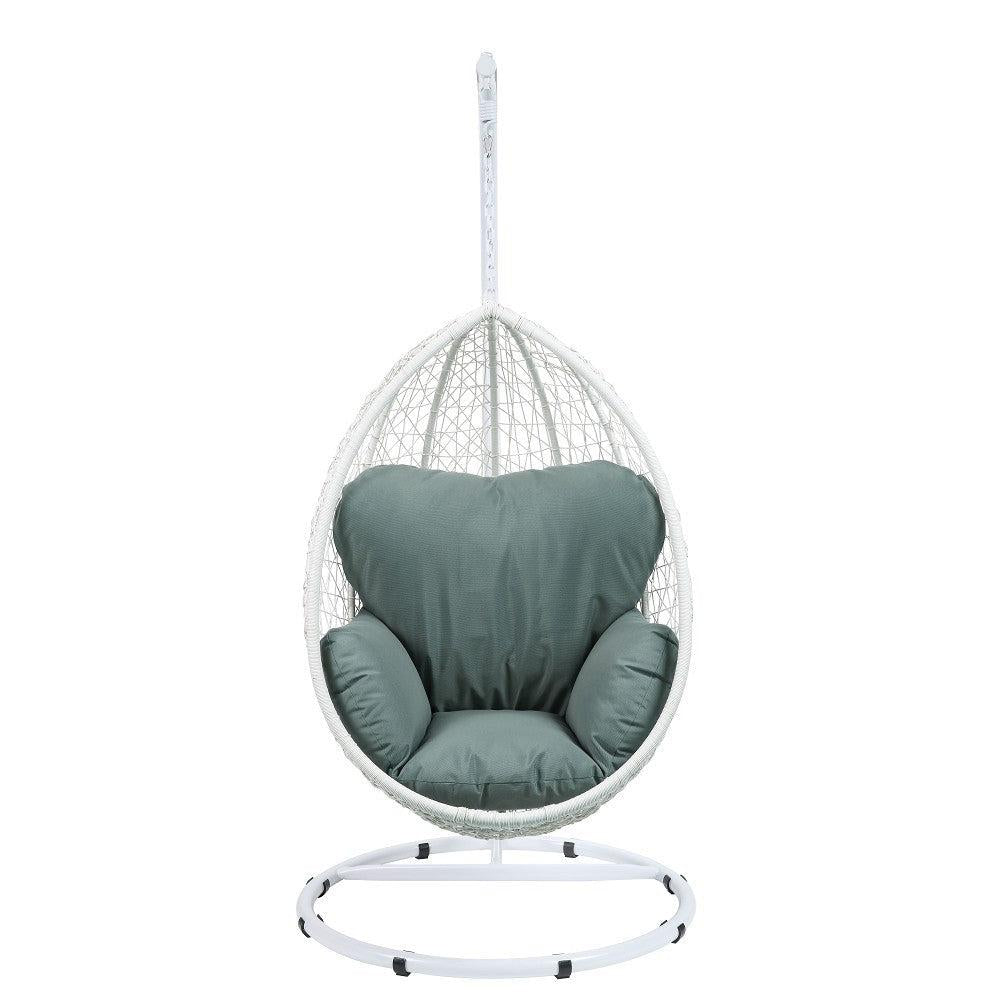 ACME Simona Patio Swing Chair with Stand in Green Fabric and White Wicker