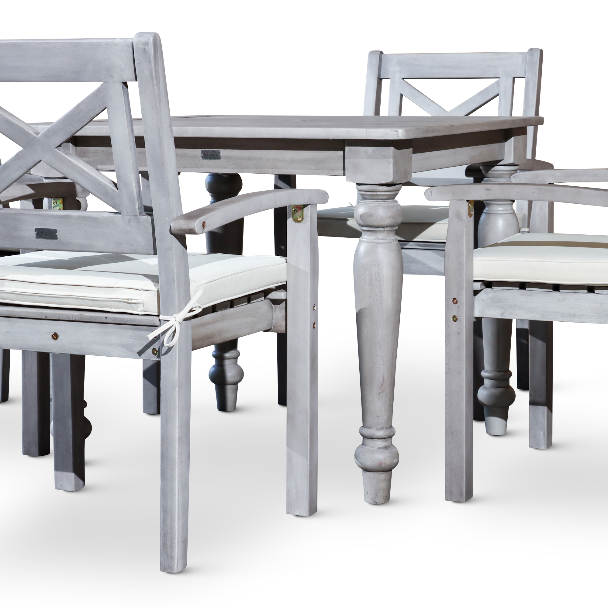 5 PCS Square Silver Gray Finish Dining Set with X-back Styling on Armchairs