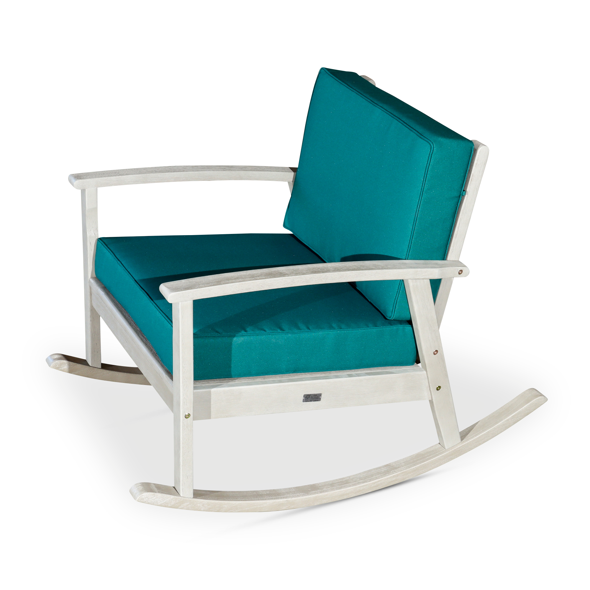 Eucalyptus Rocking Chair with Cushions -  Driftwood Gray Finish -  Dark Green Cushions