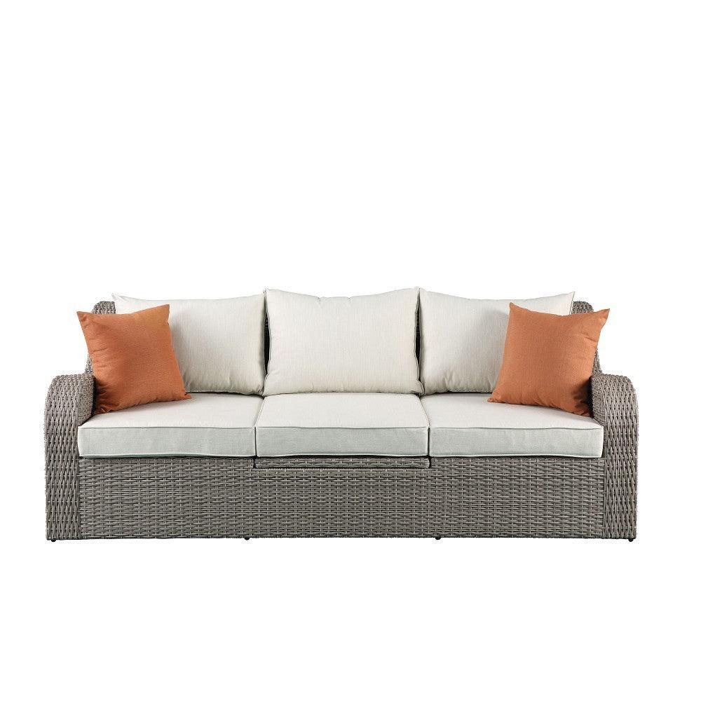 ACME Salena Patio Sectional with 2 Ottomans, 2 Pillows in Beige Fabric and Gray Wicker image