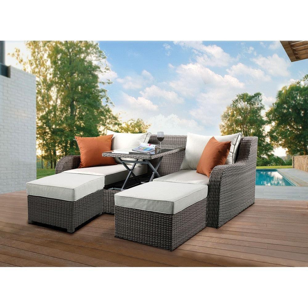 ACME Salena Patio Sectional with 2 Ottomans, 2 Pillows in Beige Fabric and Gray Wicker