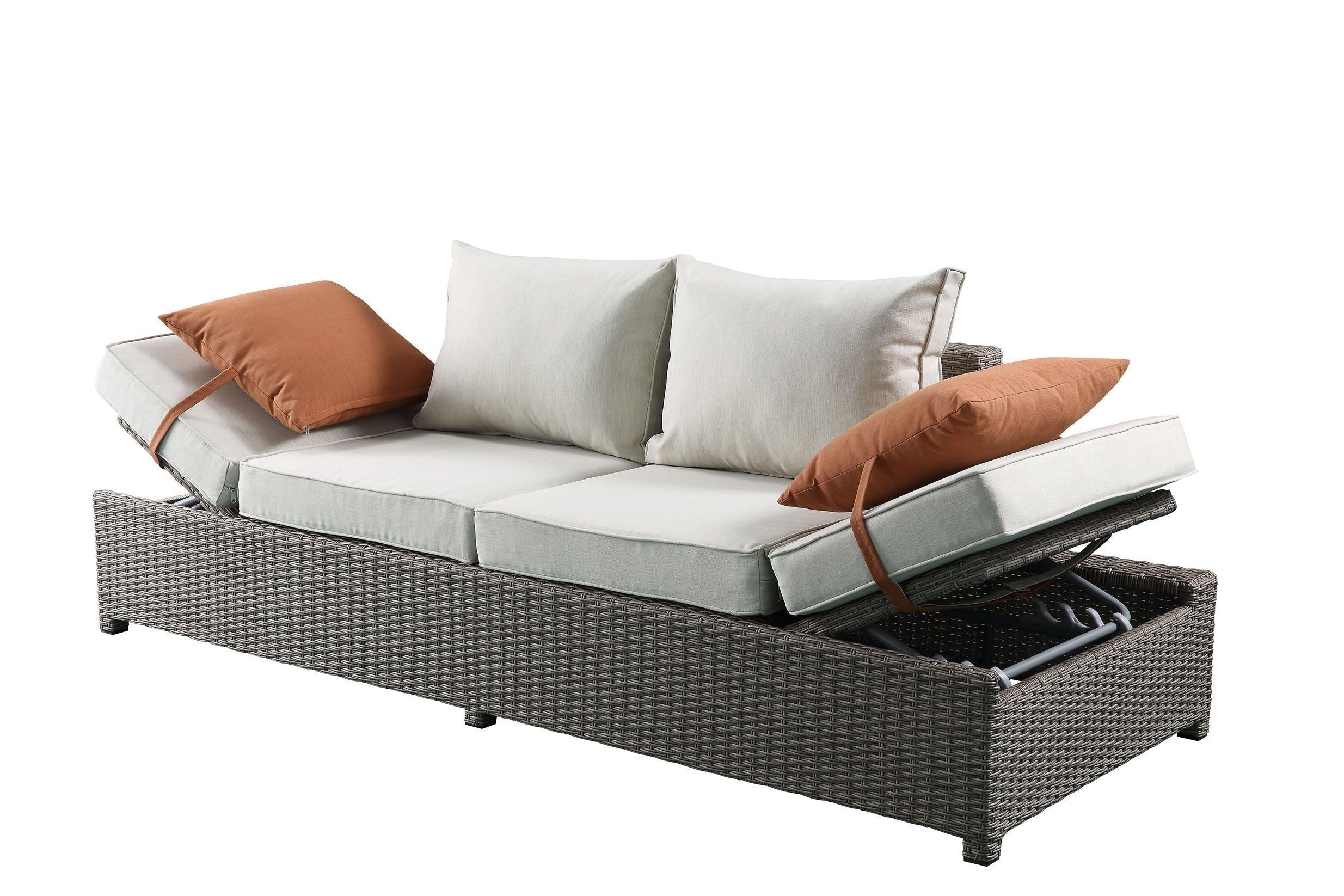 ACME Salena Patio Sofa and Ottoman with 2 Pillows in Beige Fabric and Gray Wicker