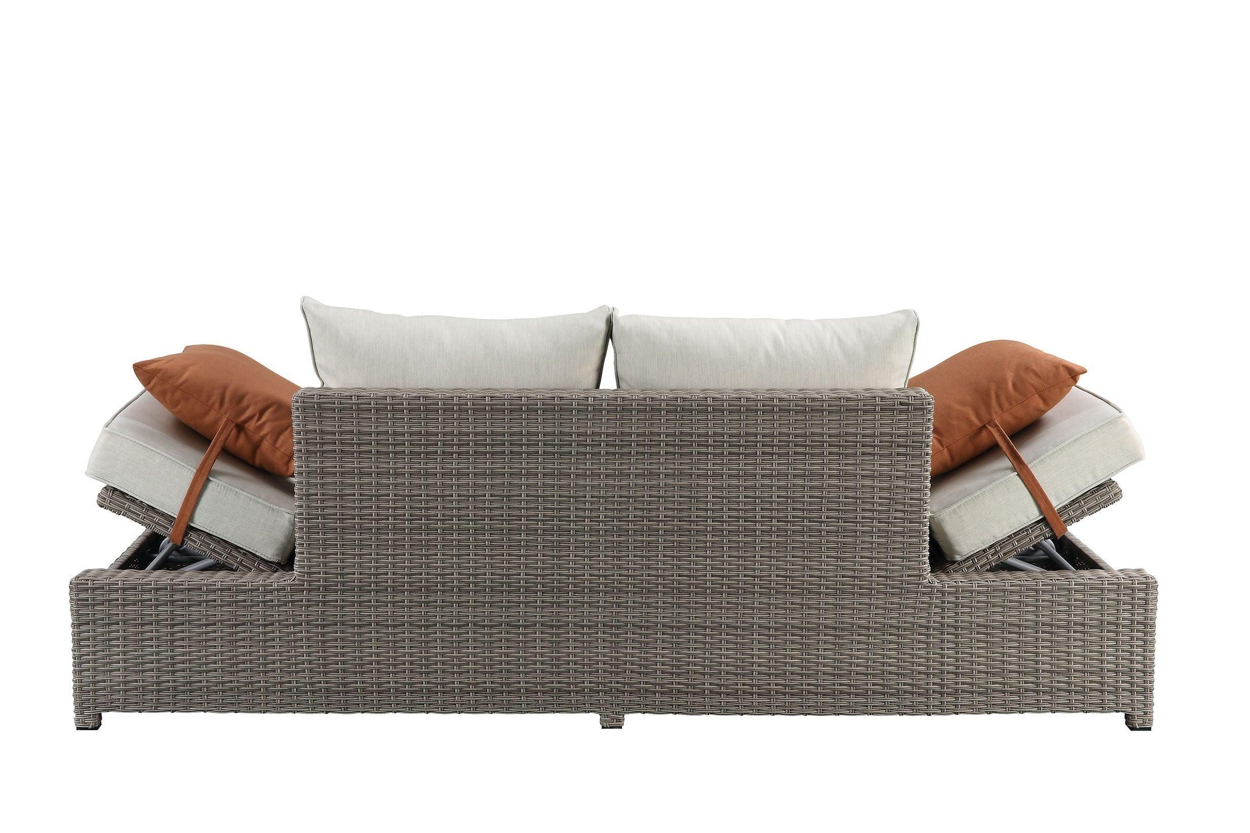 ACME Salena Patio Sofa and Ottoman with 2 Pillows in Beige Fabric and Gray Wicker