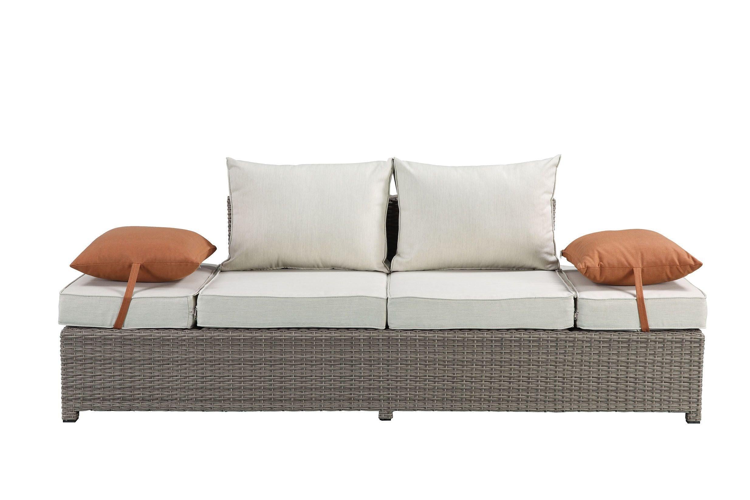 ACME Salena Patio Sofa and Ottoman with 2 Pillows in Beige Fabric and Gray Wicker