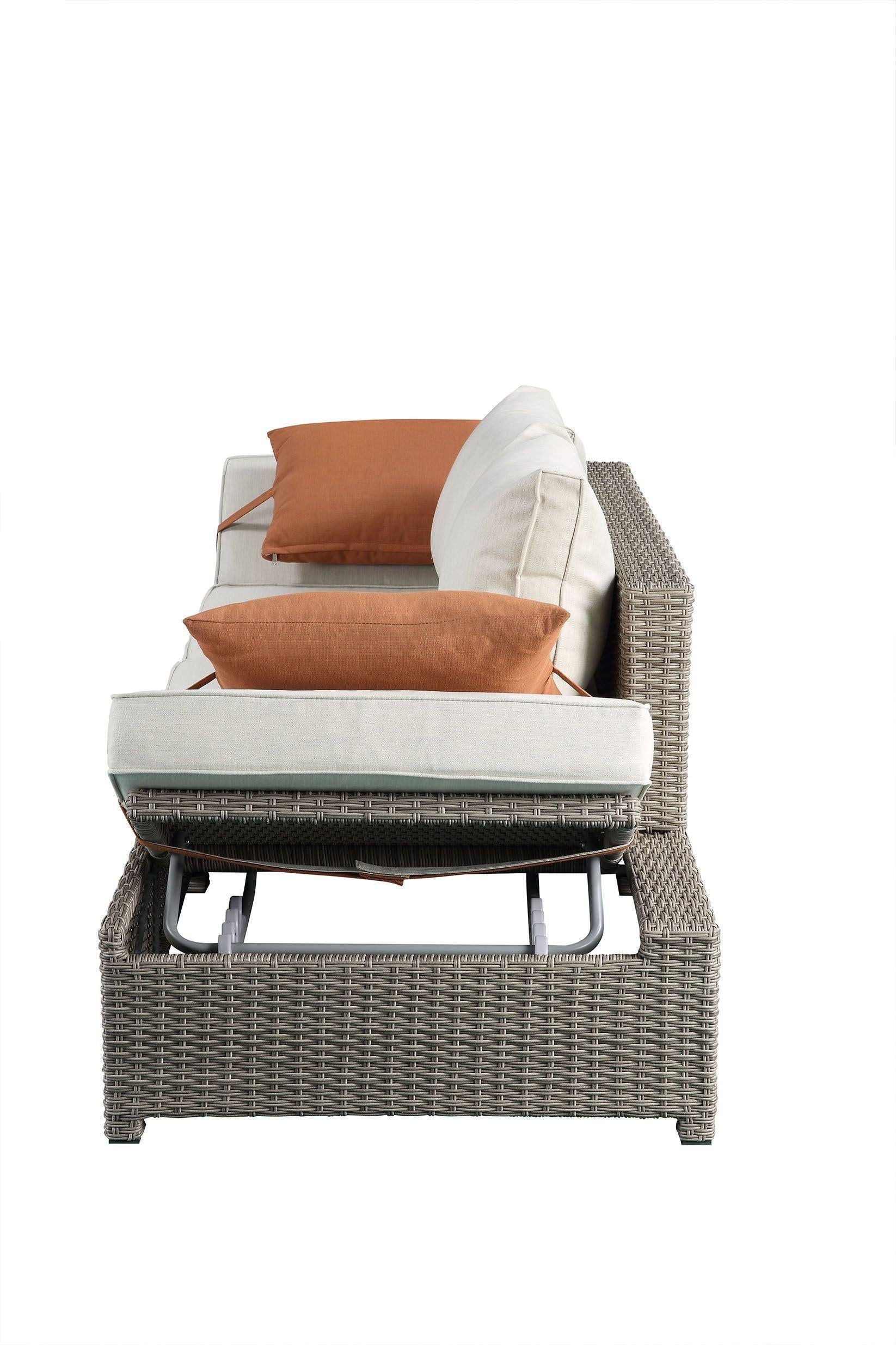 ACME Salena Patio Sofa and Ottoman with 2 Pillows in Beige Fabric and Gray Wicker