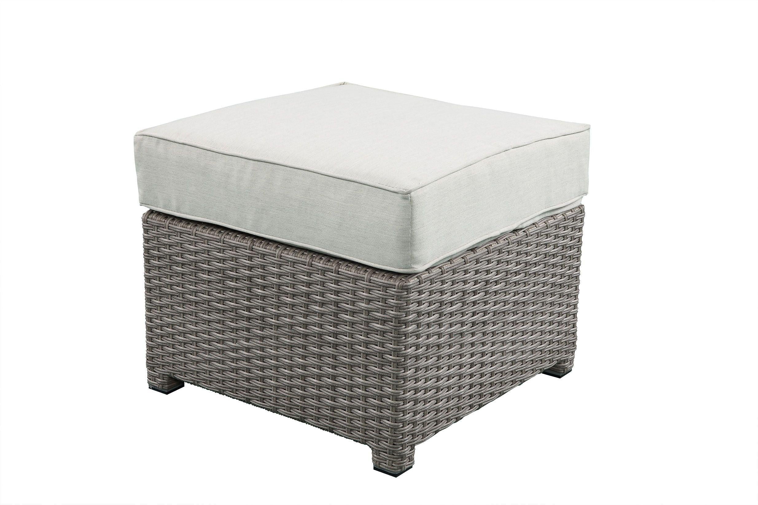 ACME Salena Patio Sofa and Ottoman with 2 Pillows in Beige Fabric and Gray Wicker