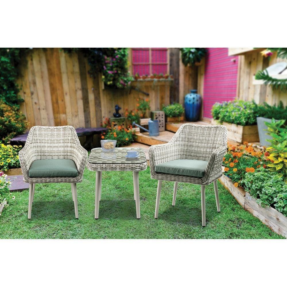 ACME Tashay 3 PCS Patio Bistro Set in Green Fabric and Beige Wicker image