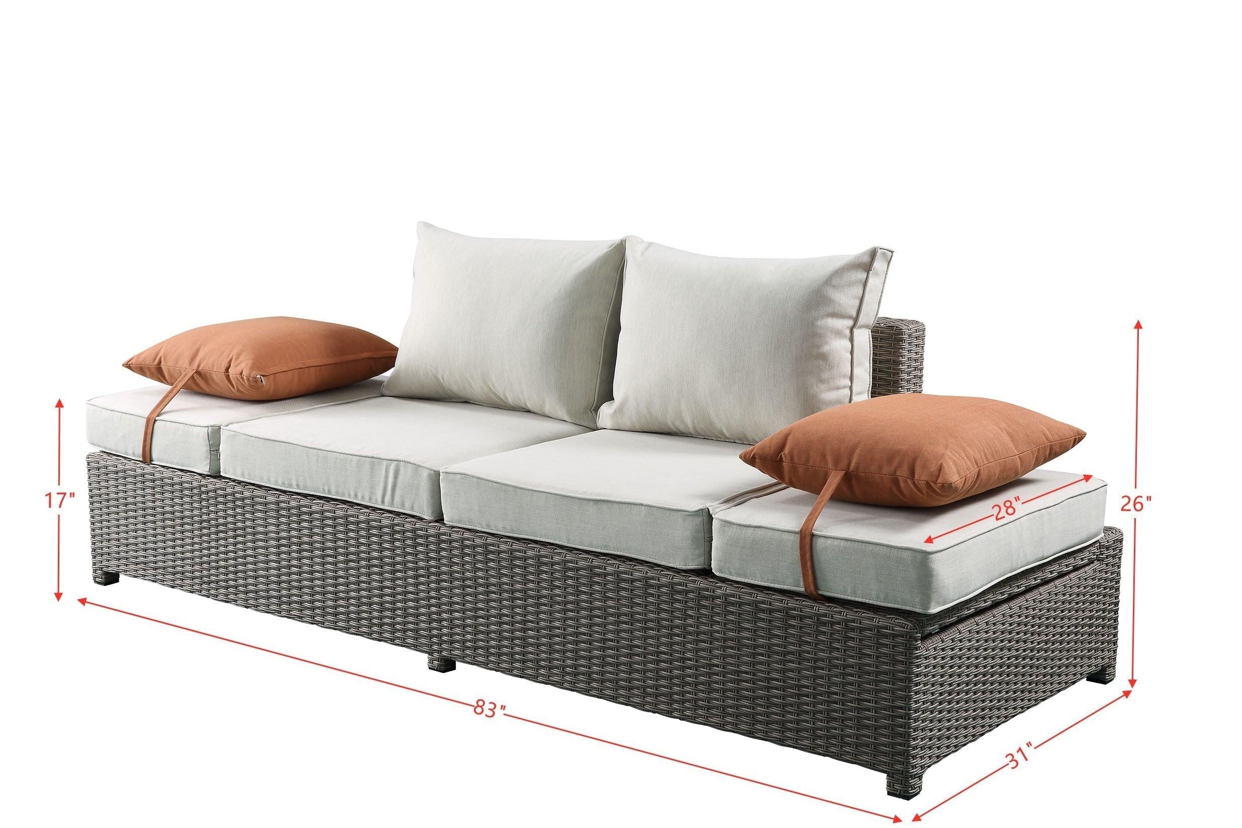 ACME Salena Patio Sofa and Ottoman with 2 Pillows in Beige Fabric and Gray Wicker