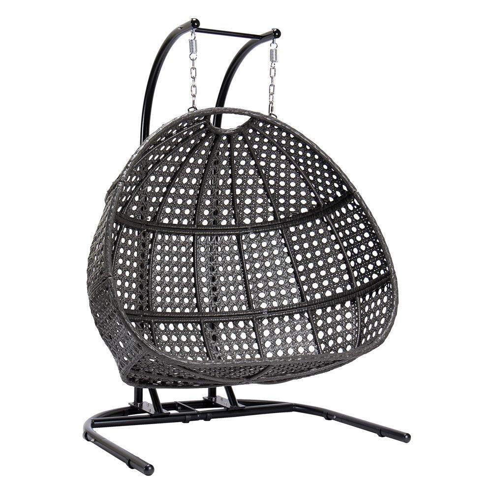 Charcoal Rattan Wicker Hanging Double-Seat Swing Chair with Stand and Dust Blue Cushion