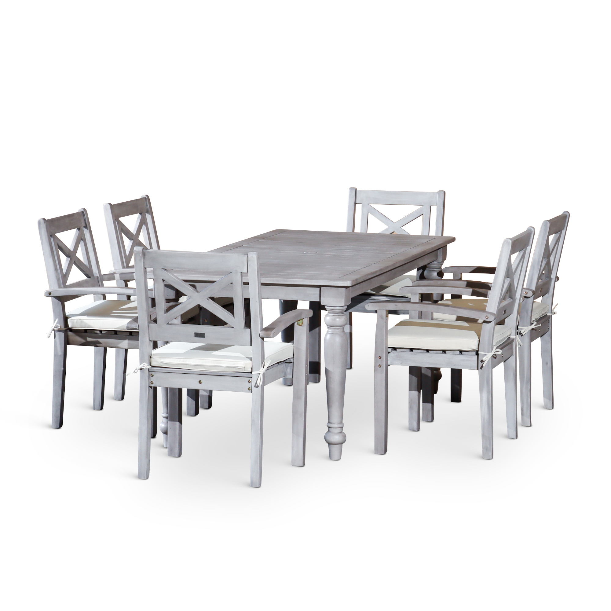 7 PCS Rectangular Silver Gray Finish Dining Set with X-back Styling on Armchairs