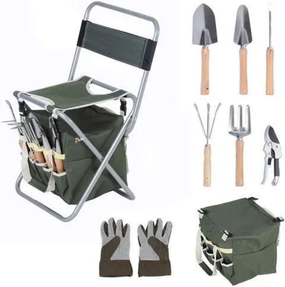 9 PCS Garden Tools Set Ernomic Wooden Handle Sturdy Stool with Detachable Tool Kit image