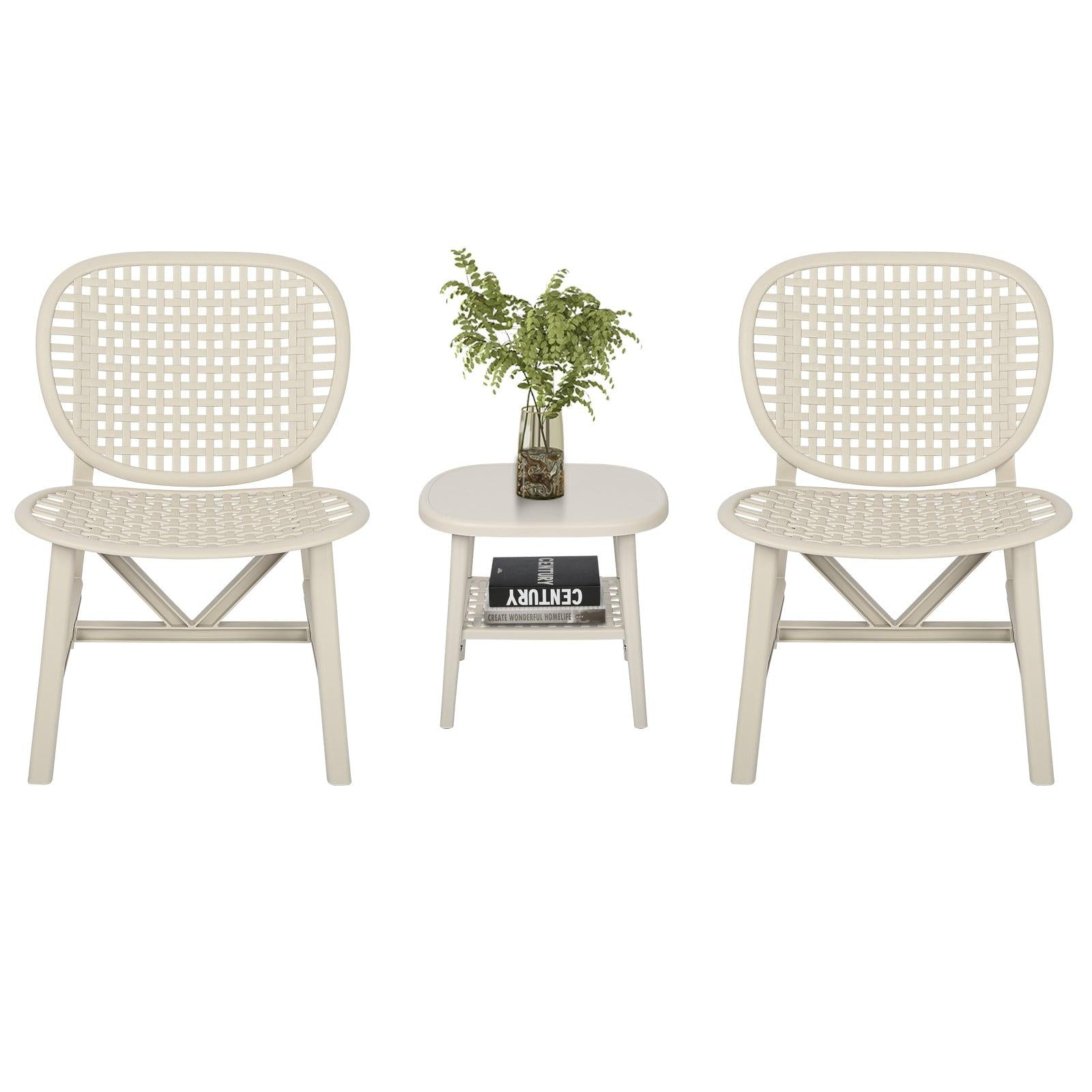 3 PCS Hollow Design Retro Outdoor Patio Tea Table and Chair Set - White