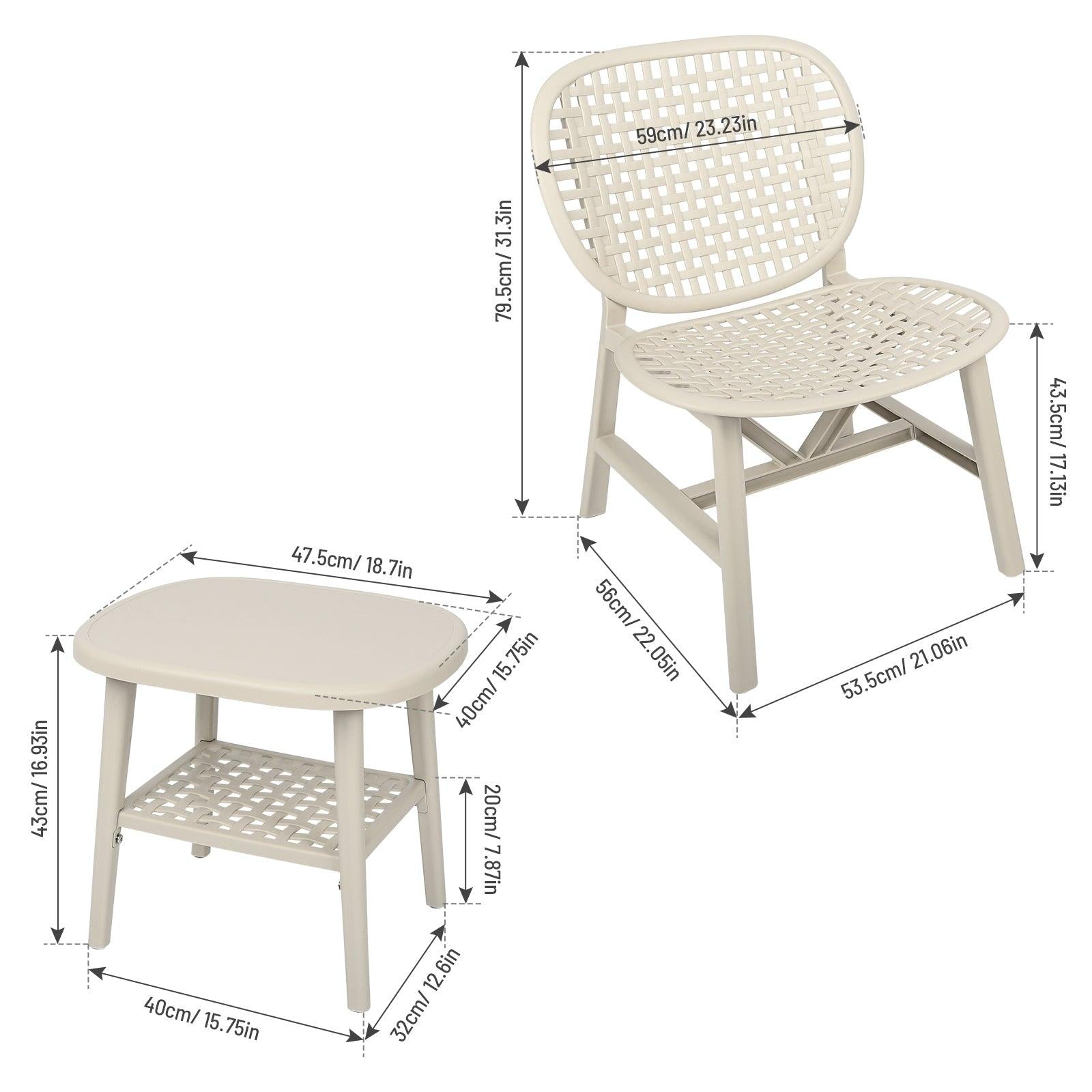 3 PCS Hollow Design Retro Outdoor Patio Tea Table and Chair Set - White