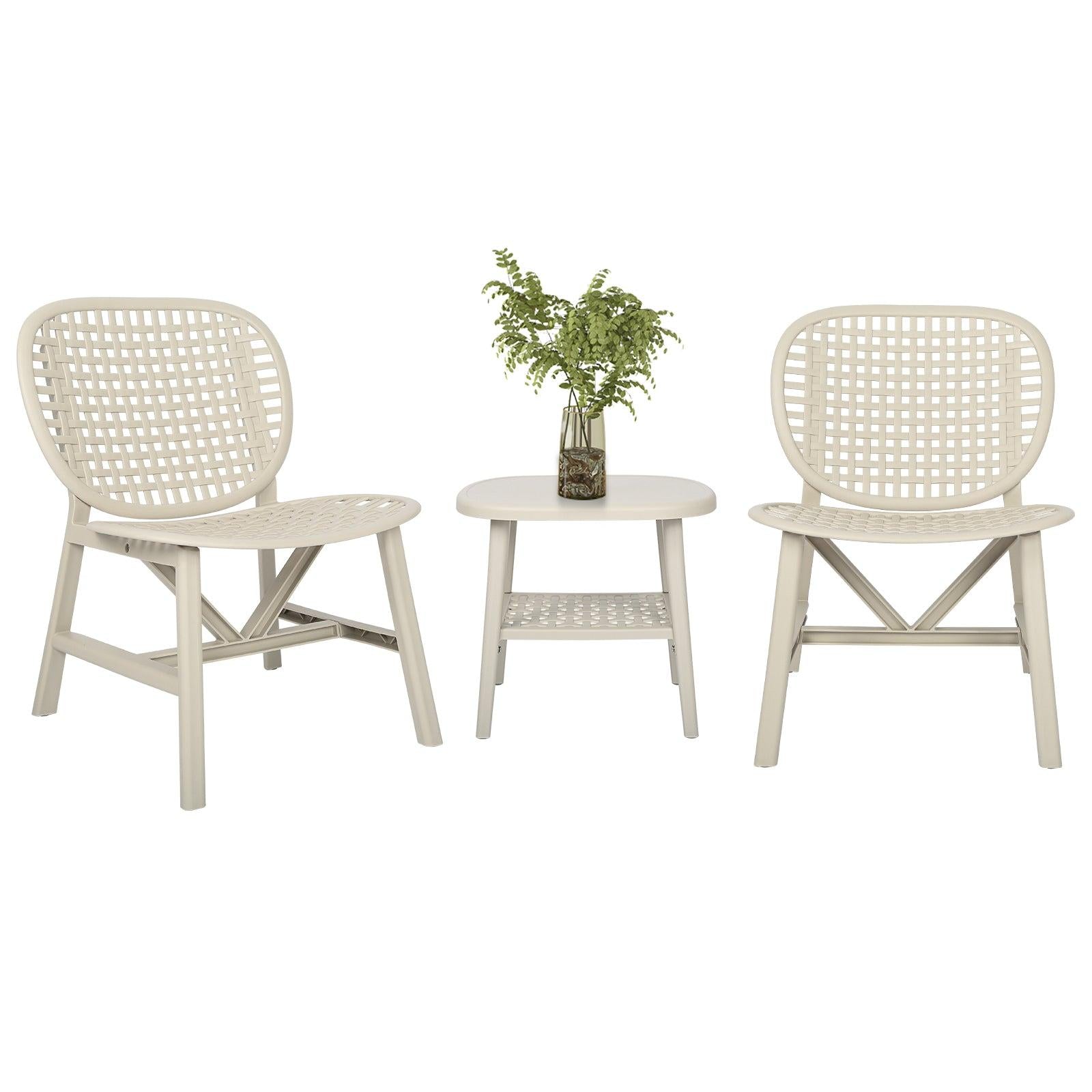 3 PCS Hollow Design Retro Outdoor Patio Tea Table and Chair Set - White