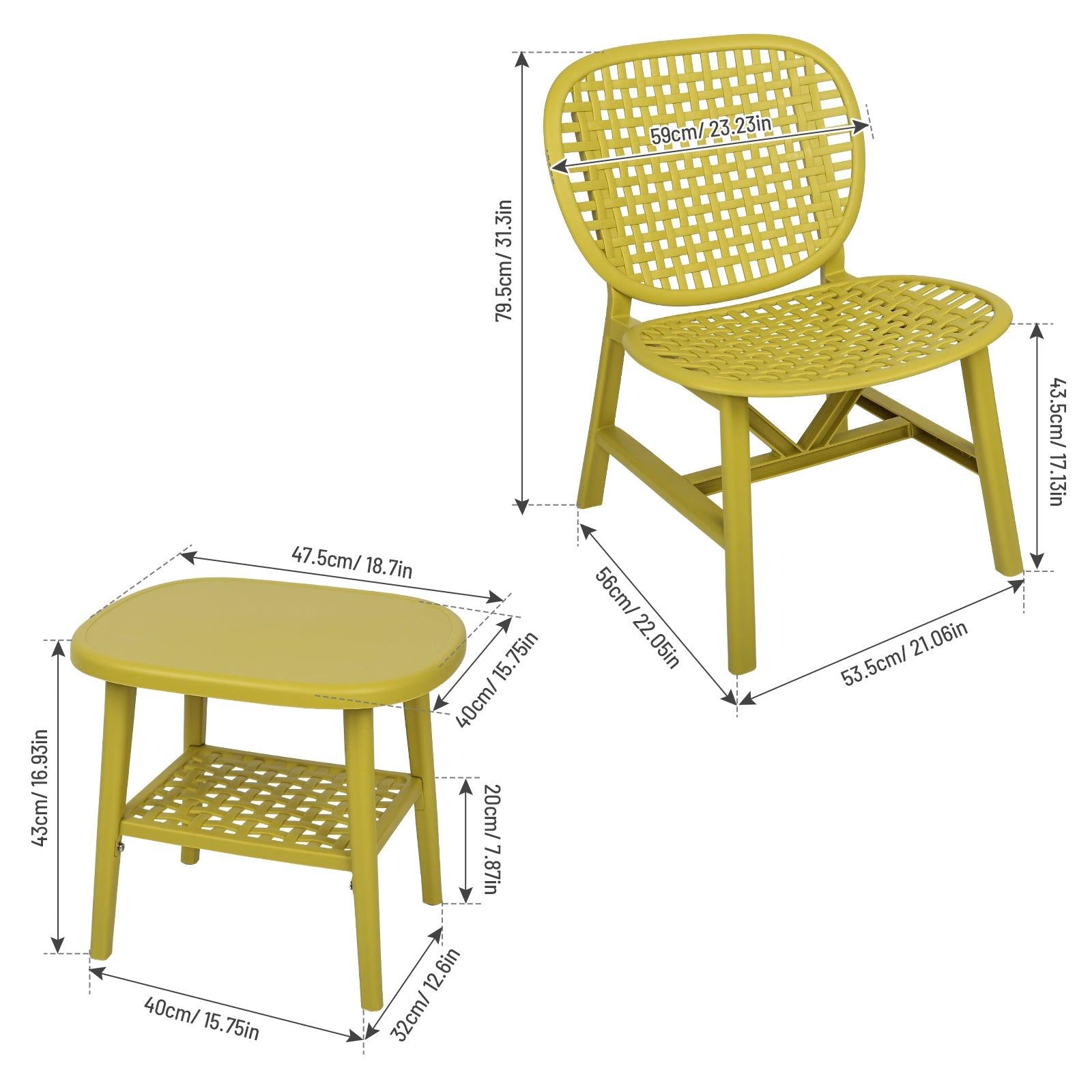 3 PCS Hollow Design Retro Outdoor Patio Tea Table and Chair Set - Yellow