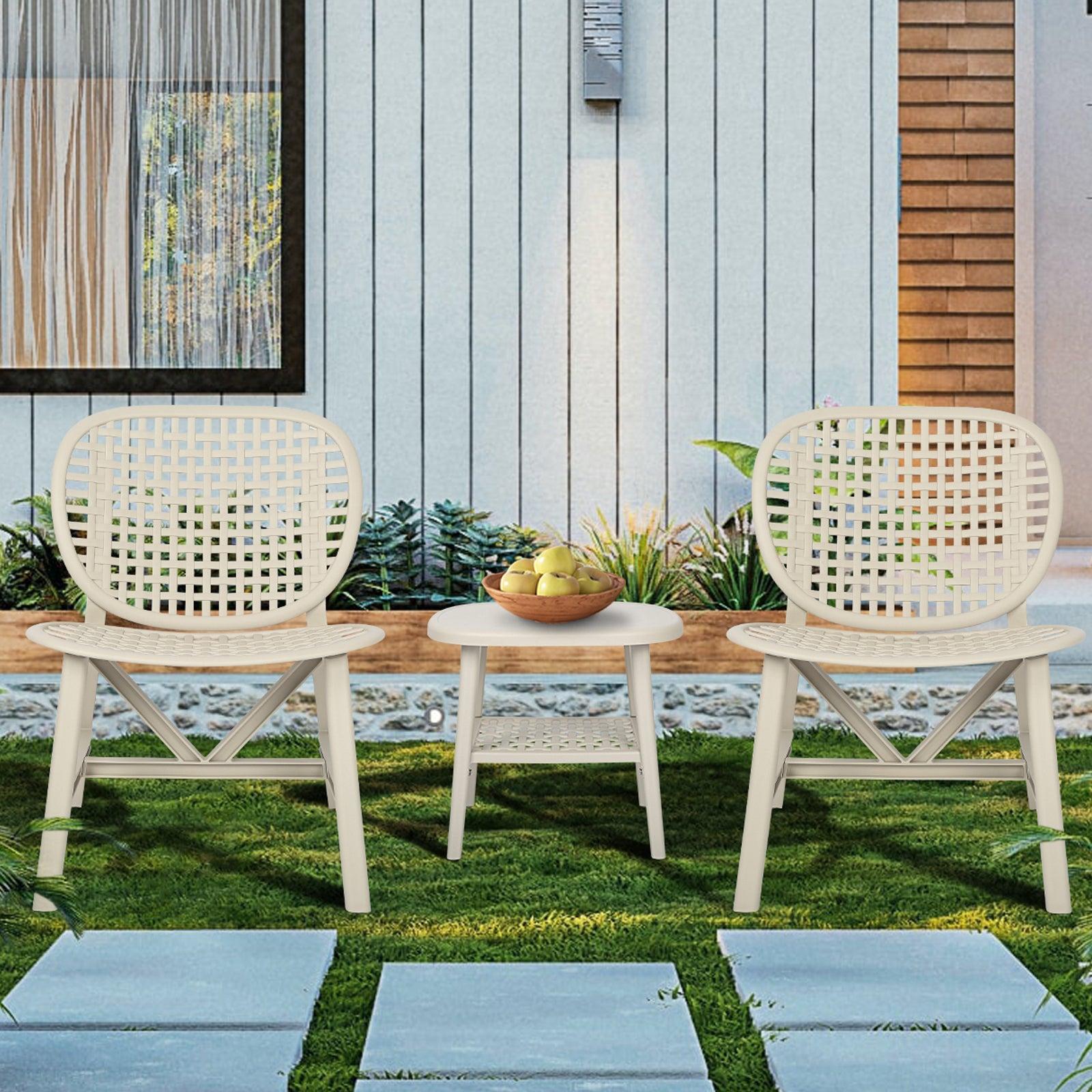 3 PCS Hollow Design Retro Outdoor Patio Tea Table and Chair Set - White