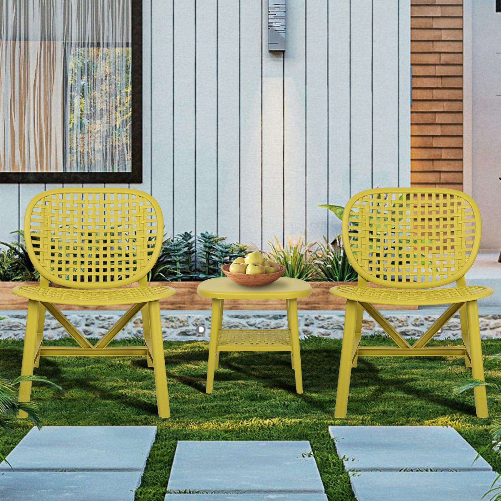 3 PCS Hollow Design Retro Outdoor Patio Tea Table and Chair Set - Yellow