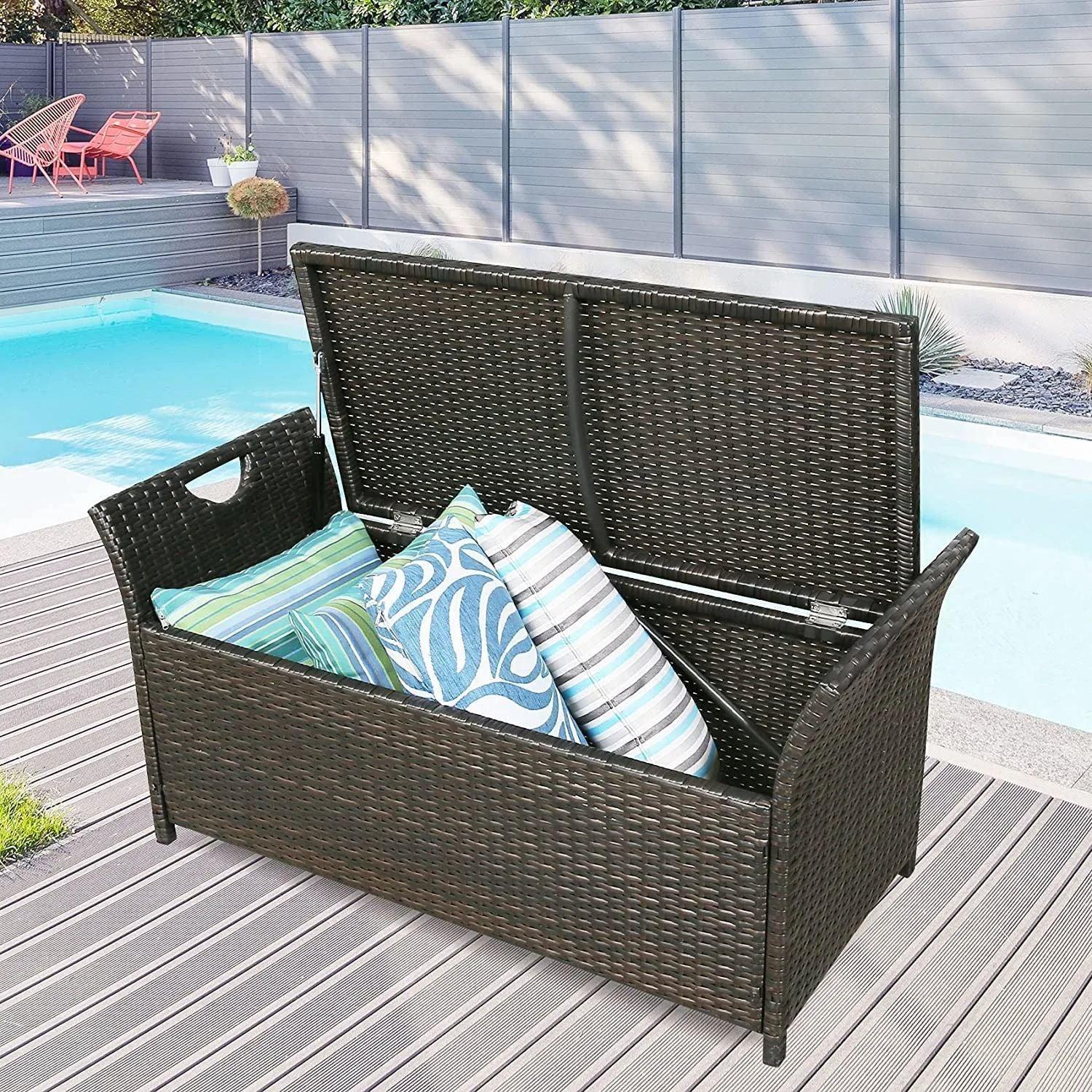 Patio WickerStorage Bench Outdoor Rattan DeckStorage Box with Red Cushion