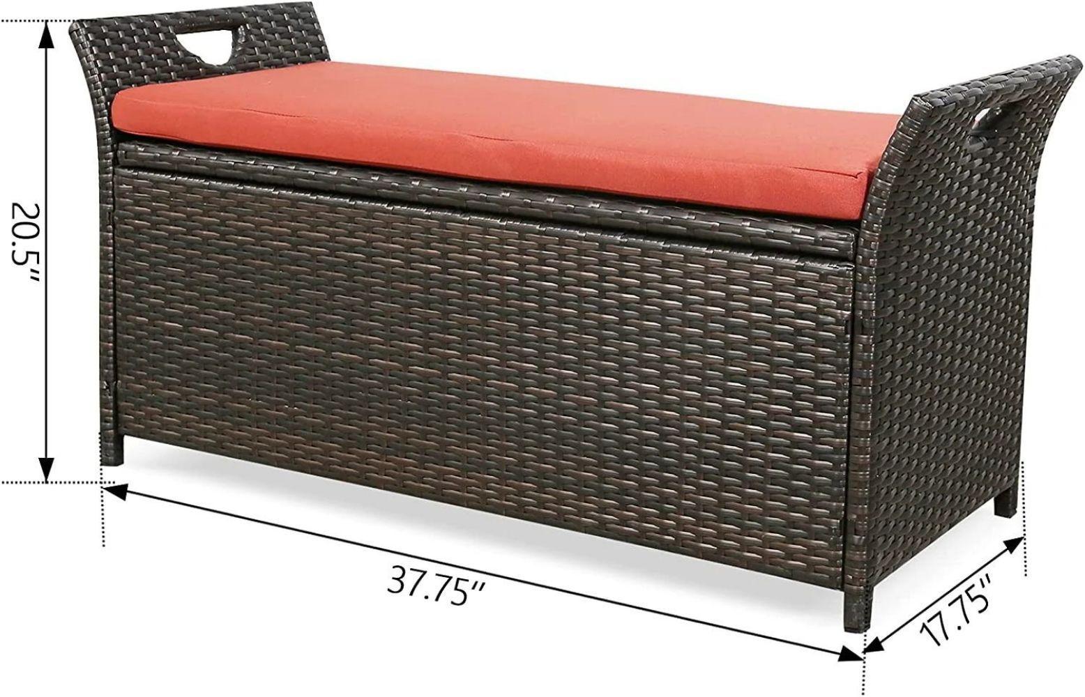 Patio WickerStorage Bench Outdoor Rattan DeckStorage Box with Red Cushion